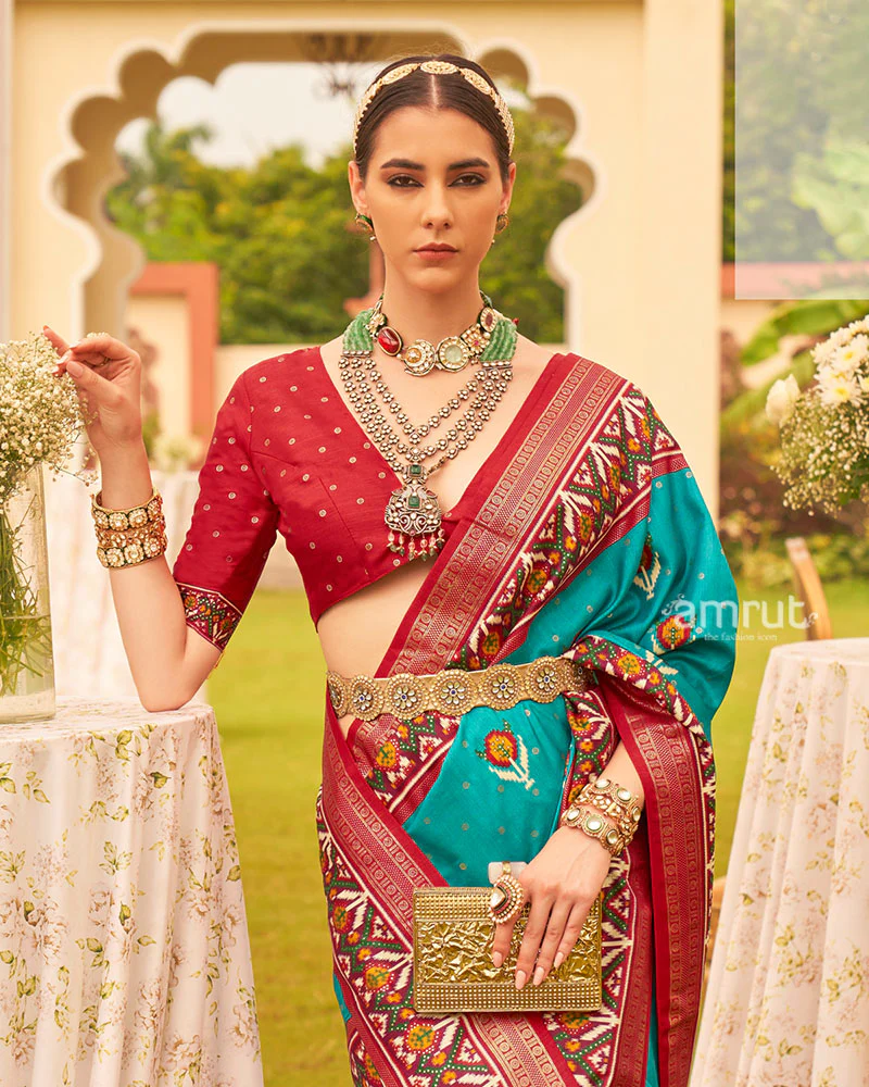 Teal Blue and Red Printed Patola Silk Saree with Zari Border and Unstitched Blouse - Image 2