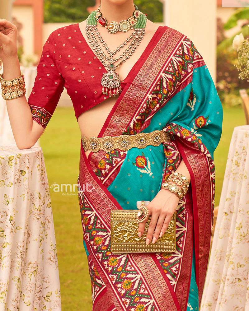 Teal Blue and Red Printed Patola Silk Saree with Zari Border and Unstitched Blouse - Image 3