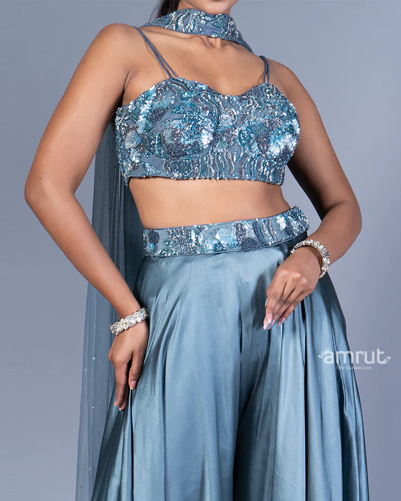 Teal Blue Beaded Crop Top with Wide-Legged Palazzo and Embellished Dupatta - Image 3