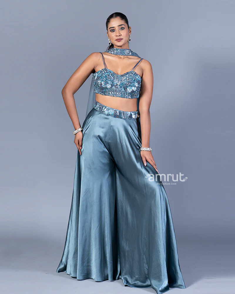 Teal Blue Beaded Crop Top with Wide-Legged Palazzo and Embellished Dupatta - Image 4