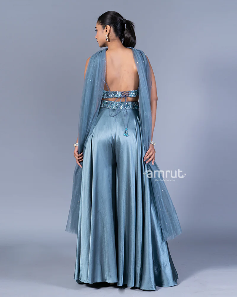 Teal Blue Beaded Crop Top with Wide-Legged Palazzo and Embellished Dupatta - Image 5
