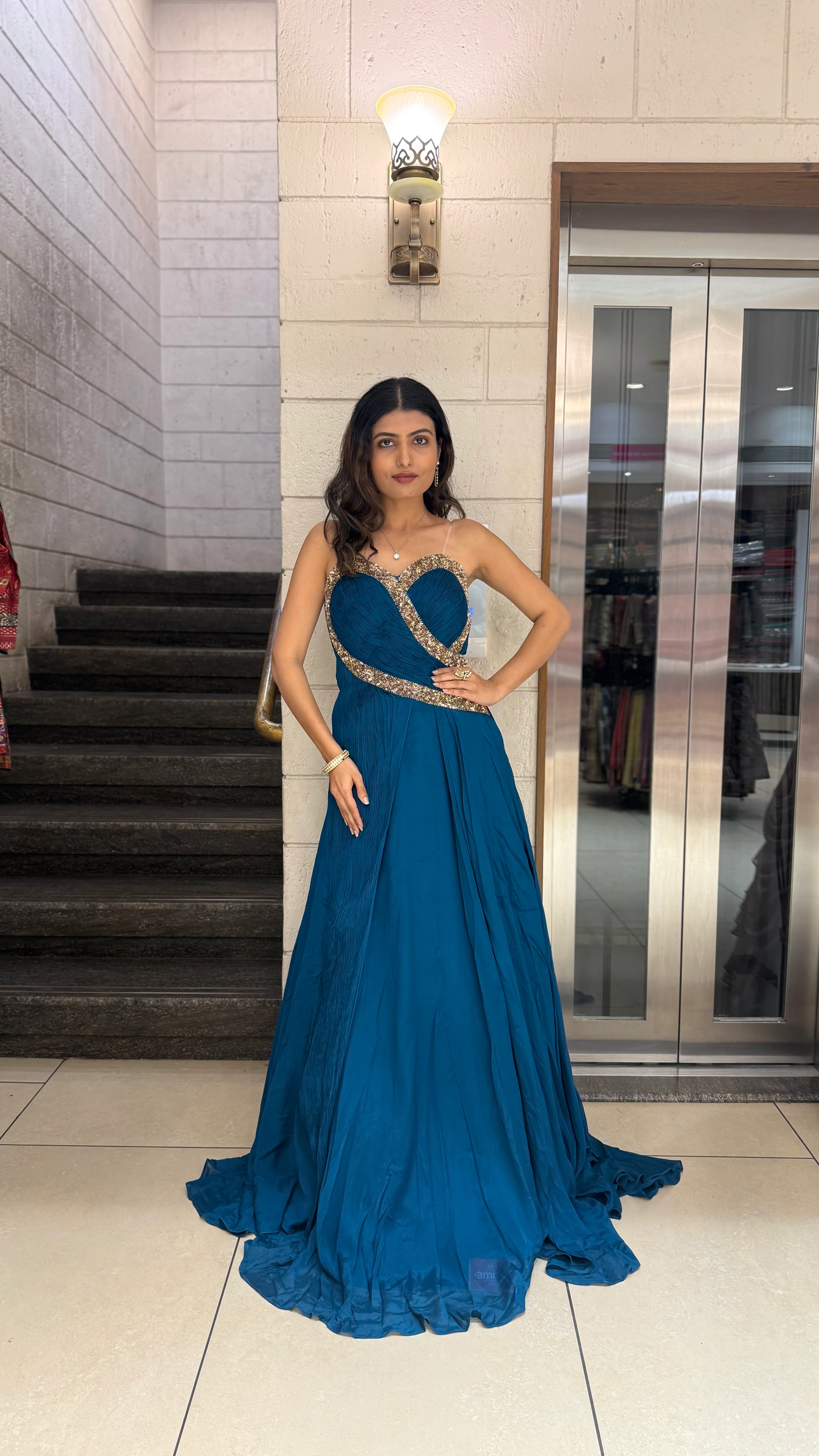 Teal Blue Designer Draped Indo-Western Gown - Image 3