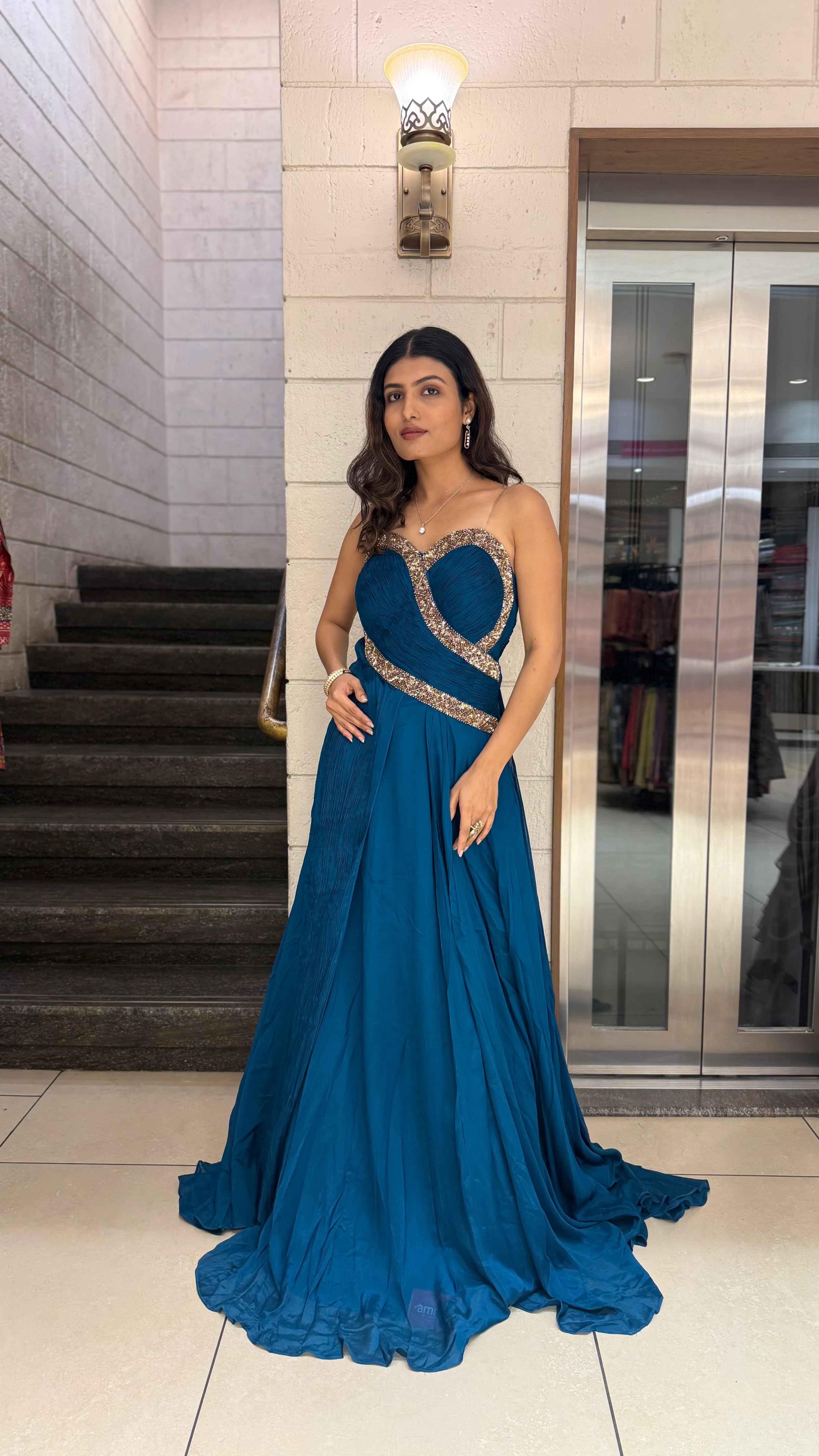 Teal Blue Designer Draped Indo-Western Gown - Image 4