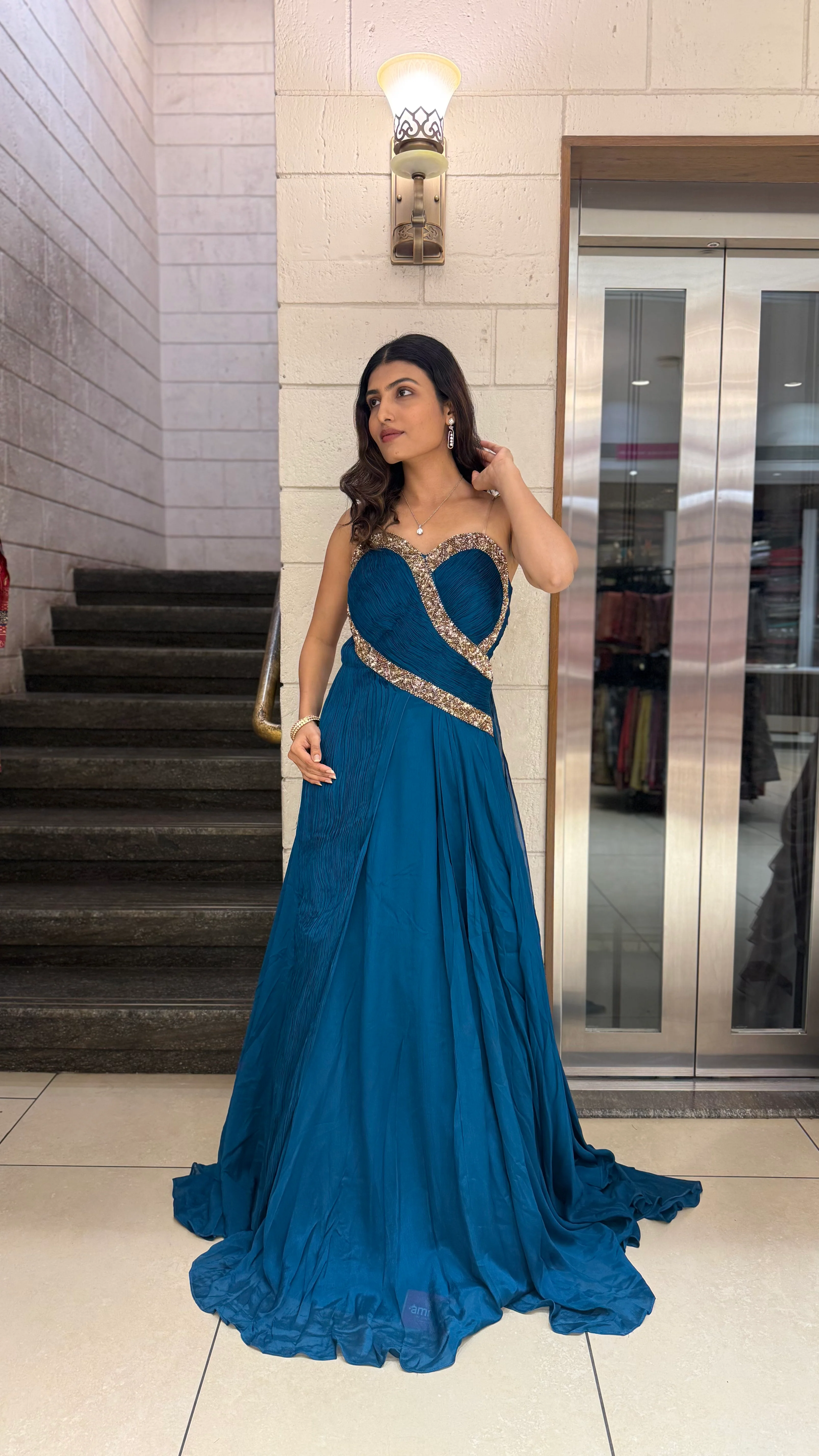 Teal Blue Designer Draped Indo-Western Gown - Image 5