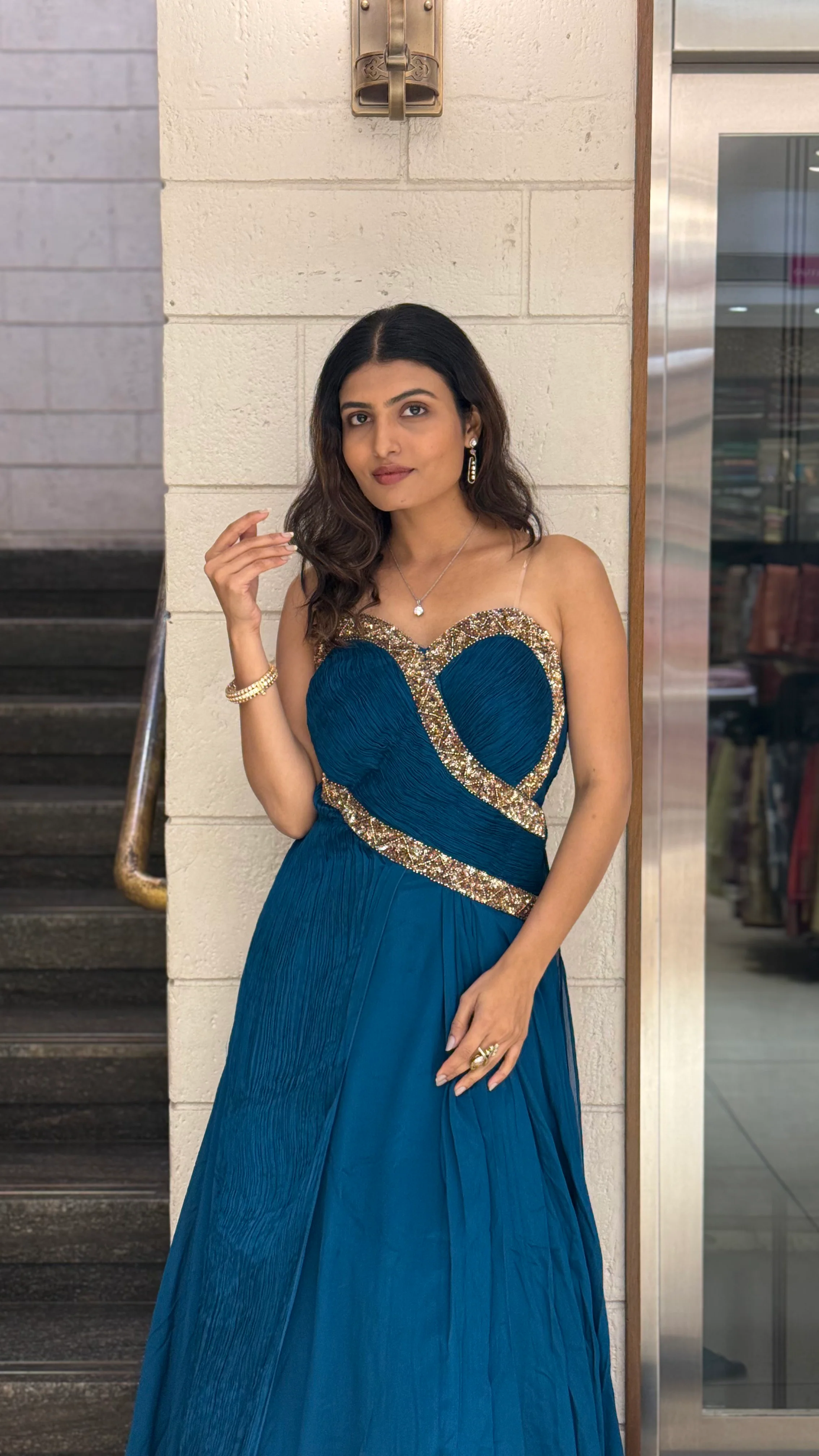 Teal Blue Designer Draped Indo-Western Gown - Image 6