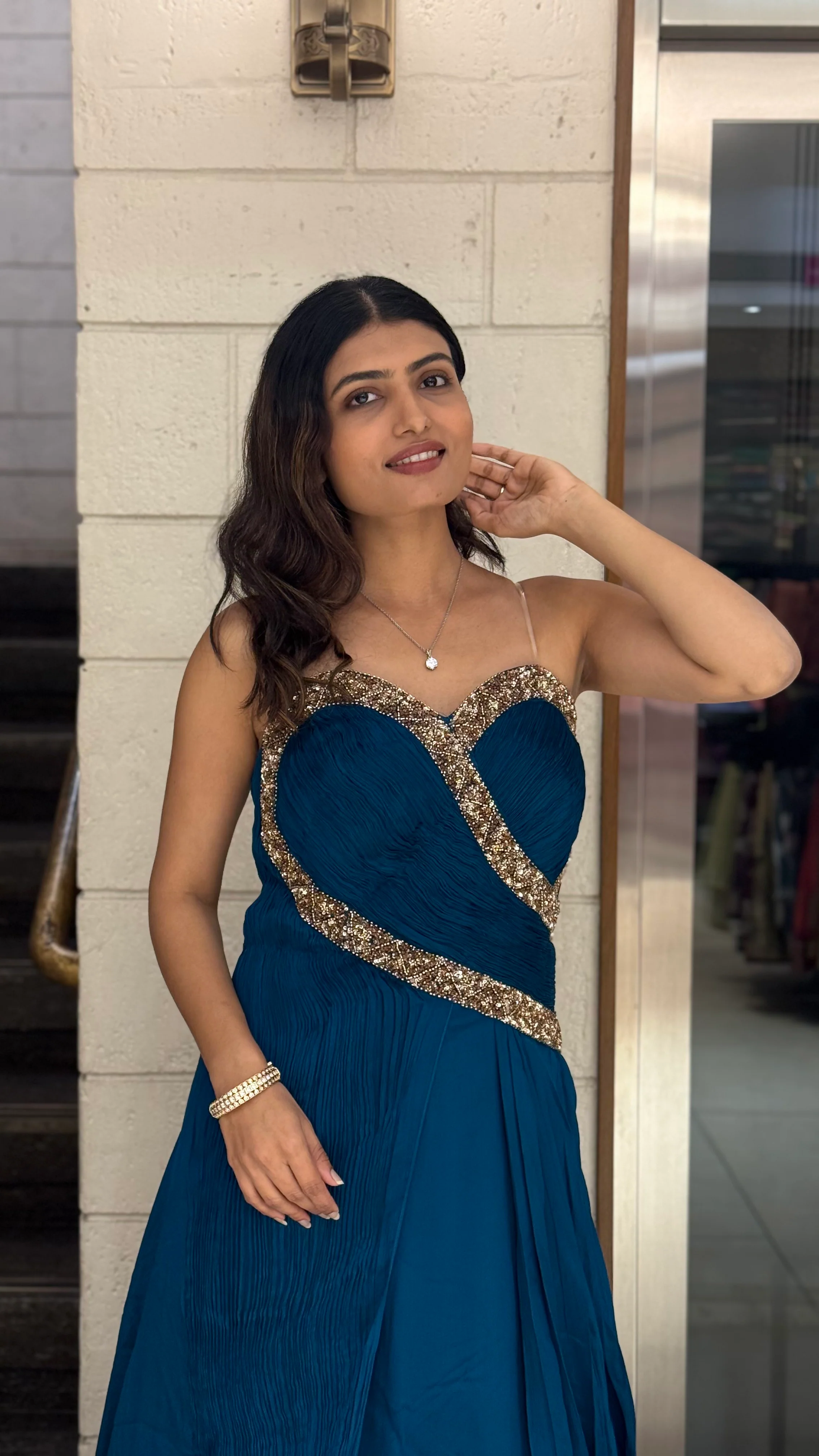 Teal Blue Designer Draped Indo-Western Gown - Image 7
