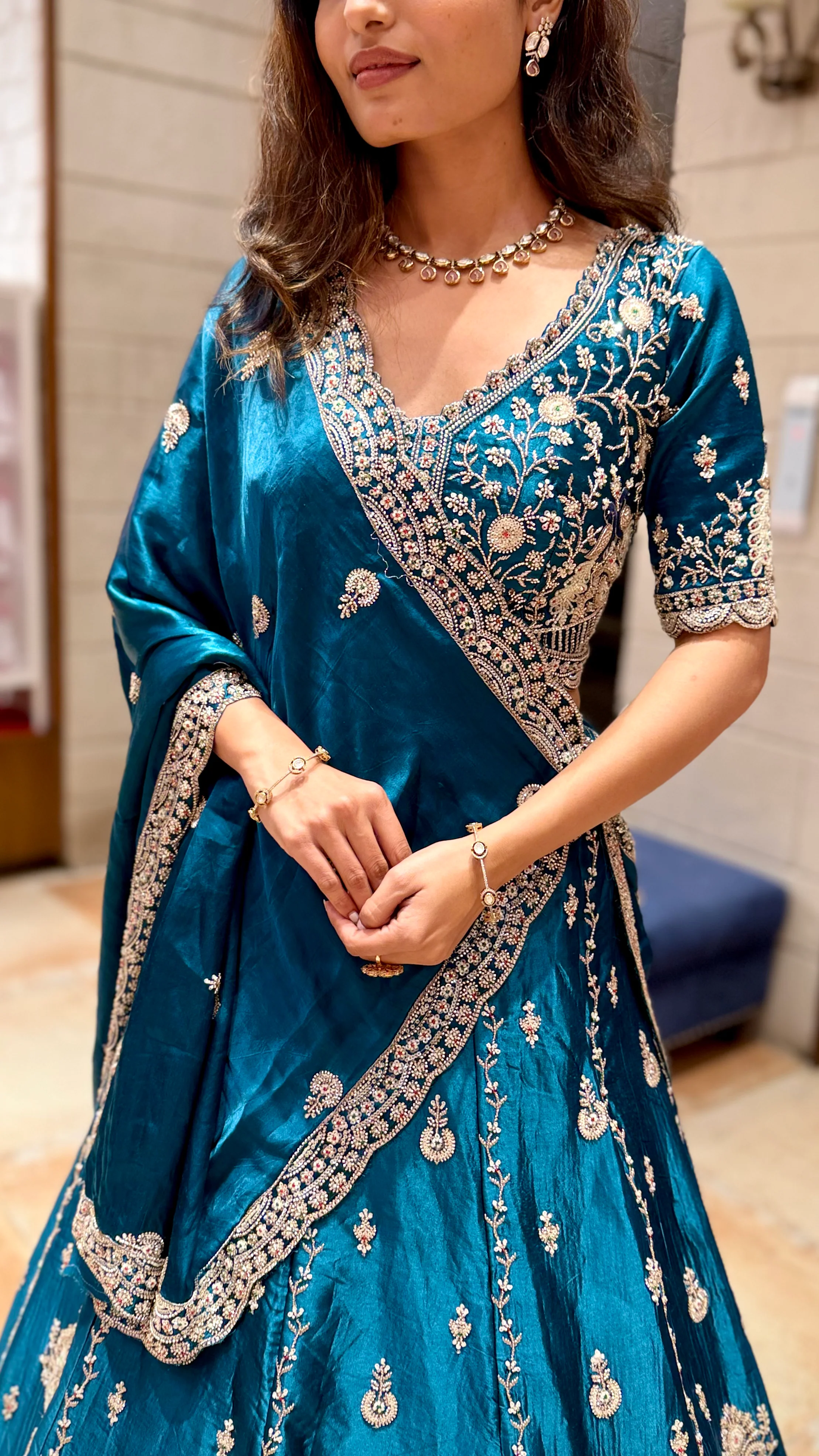Teal Blue Designer Lehenga Saree with Heavy Embroidery & Draped Dupatta - Image 2