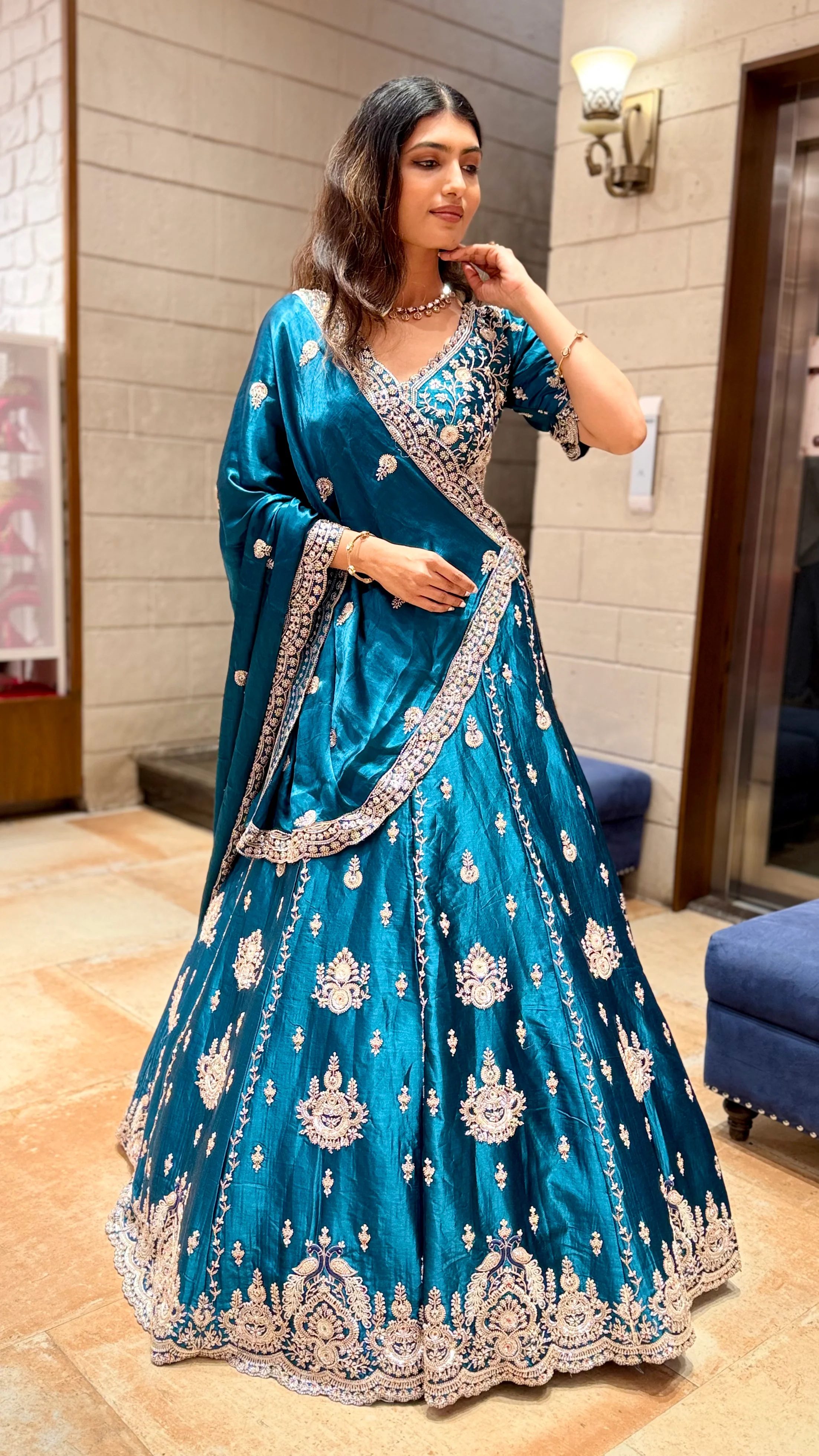 Teal Blue Designer Lehenga Saree with Heavy Embroidery & Draped Dupatta - Image 3