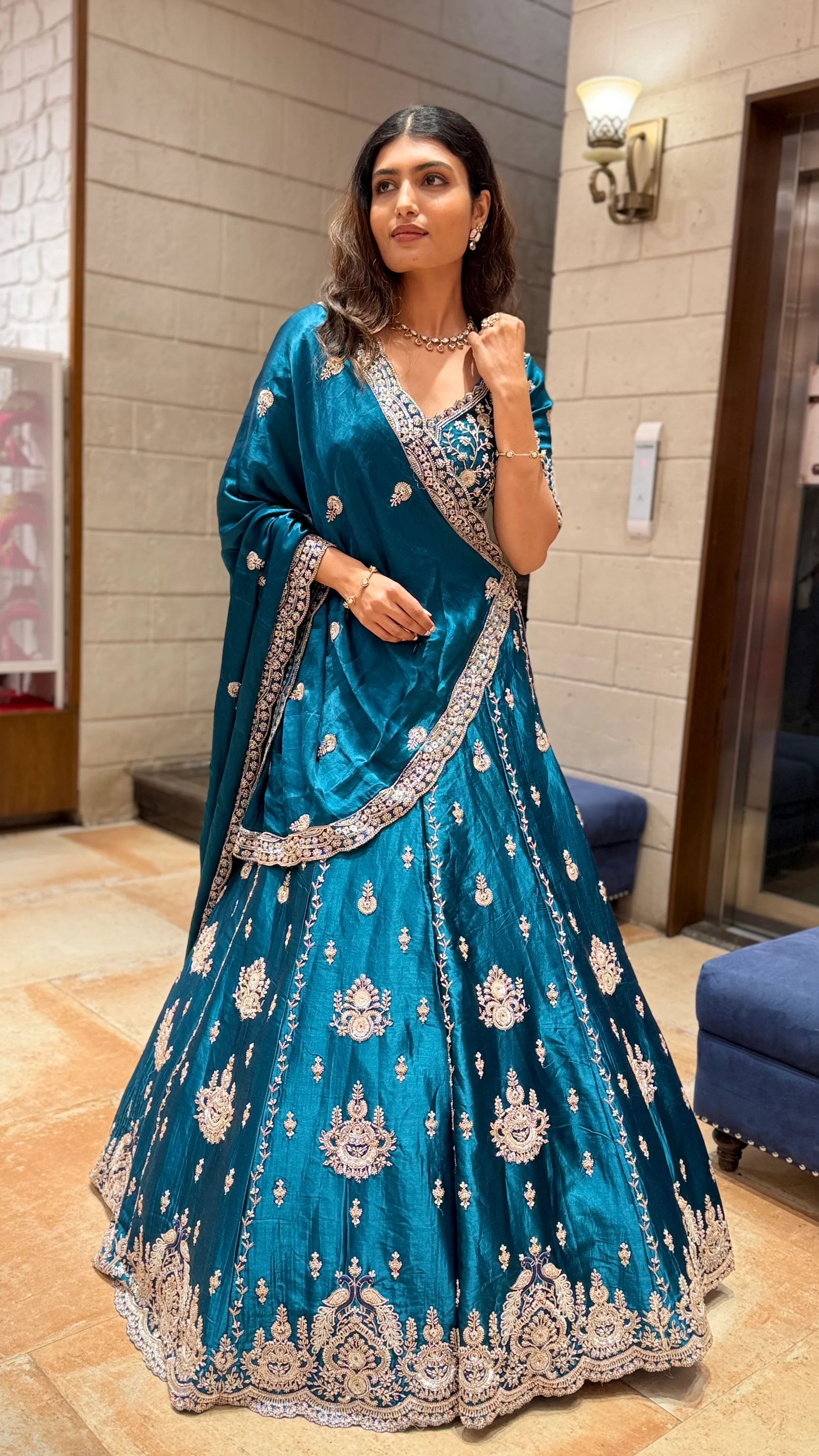 Teal Blue Designer Lehenga Saree with Heavy Embroidery & Draped Dupatta - Image 4