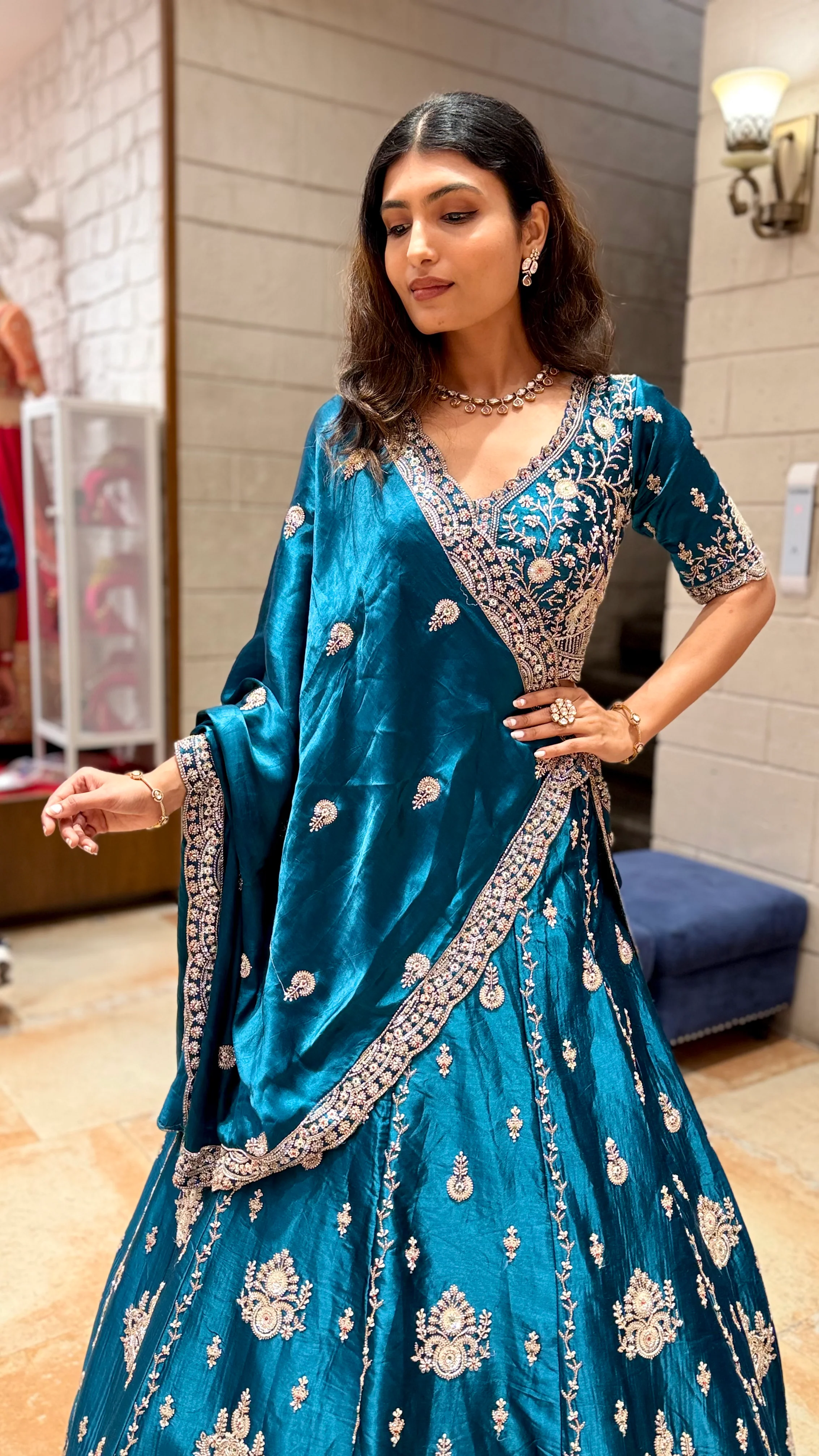 Teal Blue Designer Lehenga Saree with Heavy Embroidery & Draped Dupatta - Image 5