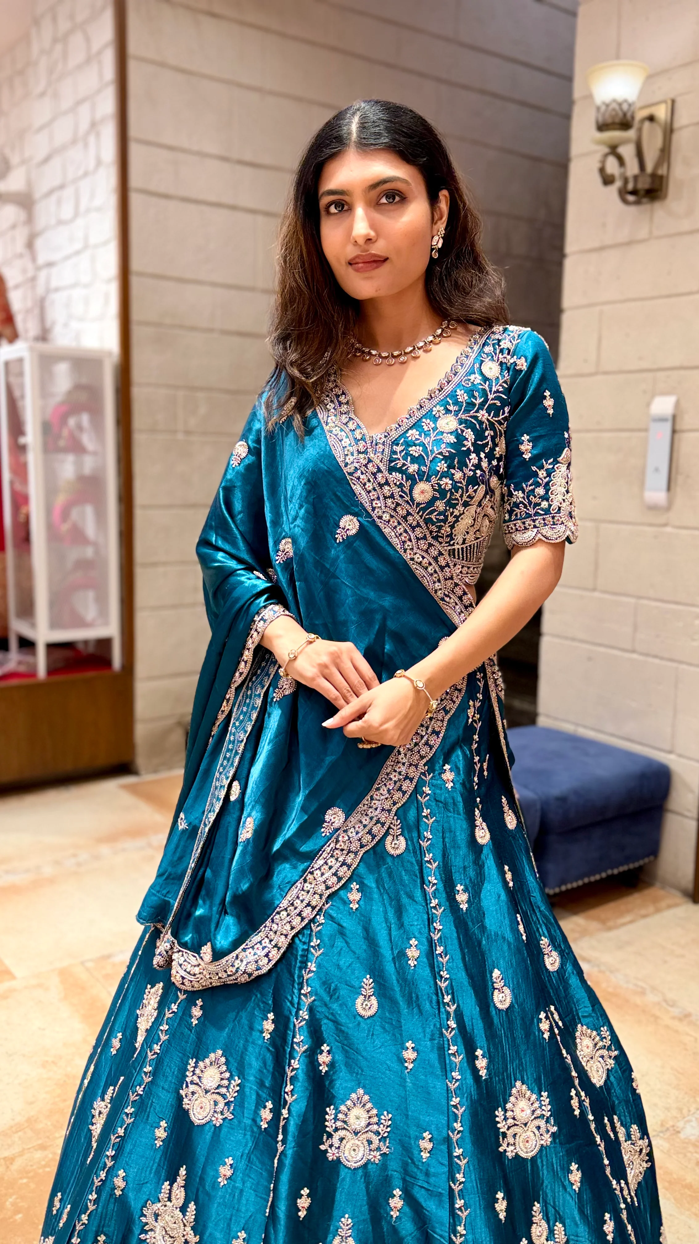 Teal Blue Designer Lehenga Saree with Heavy Embroidery & Draped Dupatta - Image 6