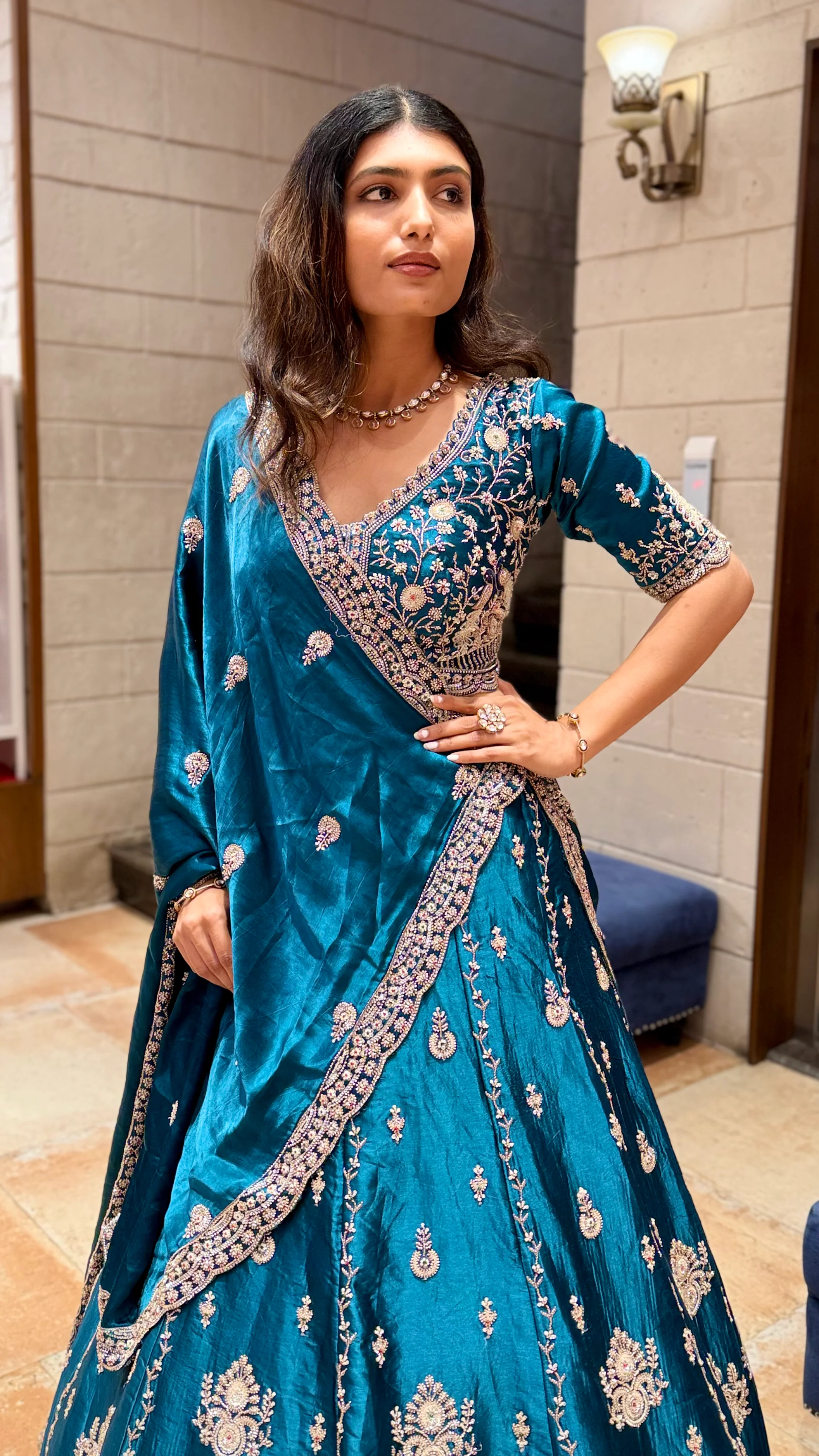 Teal Blue Designer Lehenga Saree with Heavy Embroidery & Draped Dupatta - Image 7