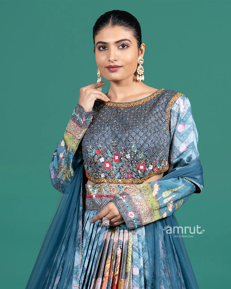 Teal Blue Embroidered Digital Print Gown with Dupatta - Image 2