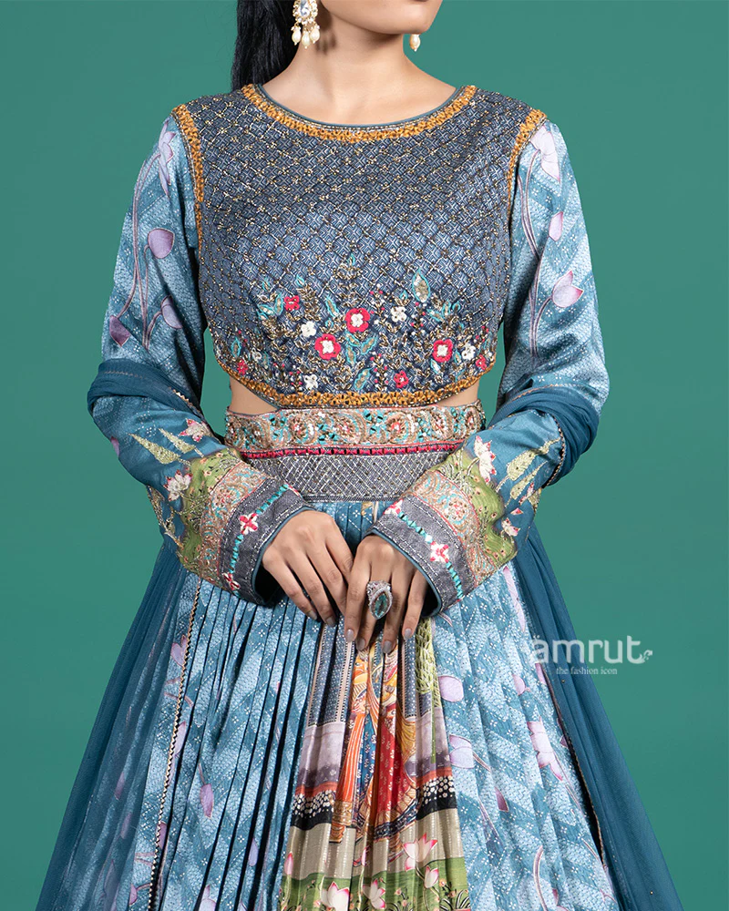 Teal Blue Embroidered Digital Print Gown with Dupatta - Image 3