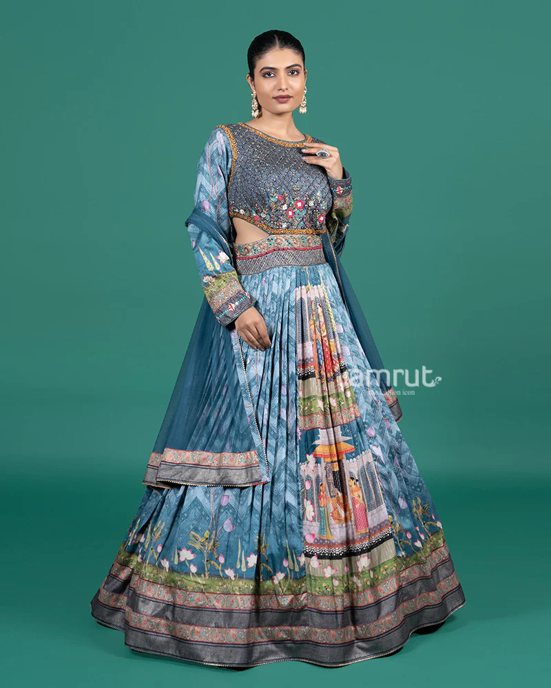 Teal Blue Embroidered Digital Print Gown with Dupatta - Image 4