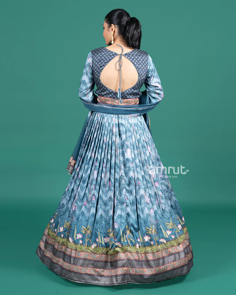 Teal Blue Embroidered Digital Print Gown with Dupatta - Image 5