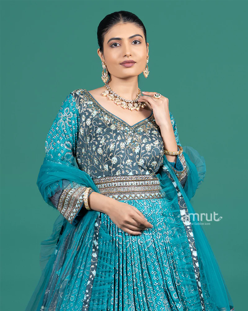 Teal Blue Embroidered Festive Gown with Zari Border and Dupatta - Image 2