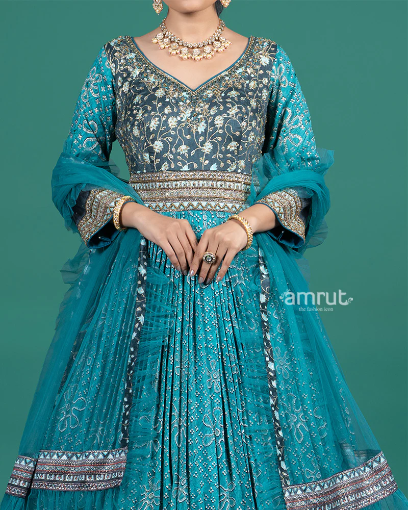 Teal Blue Embroidered Festive Gown with Zari Border and Dupatta - Image 3