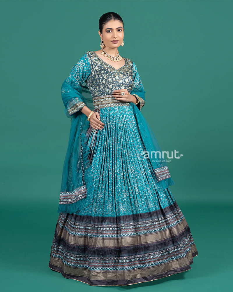 Teal Blue Embroidered Festive Gown with Zari Border and Dupatta - Image 4