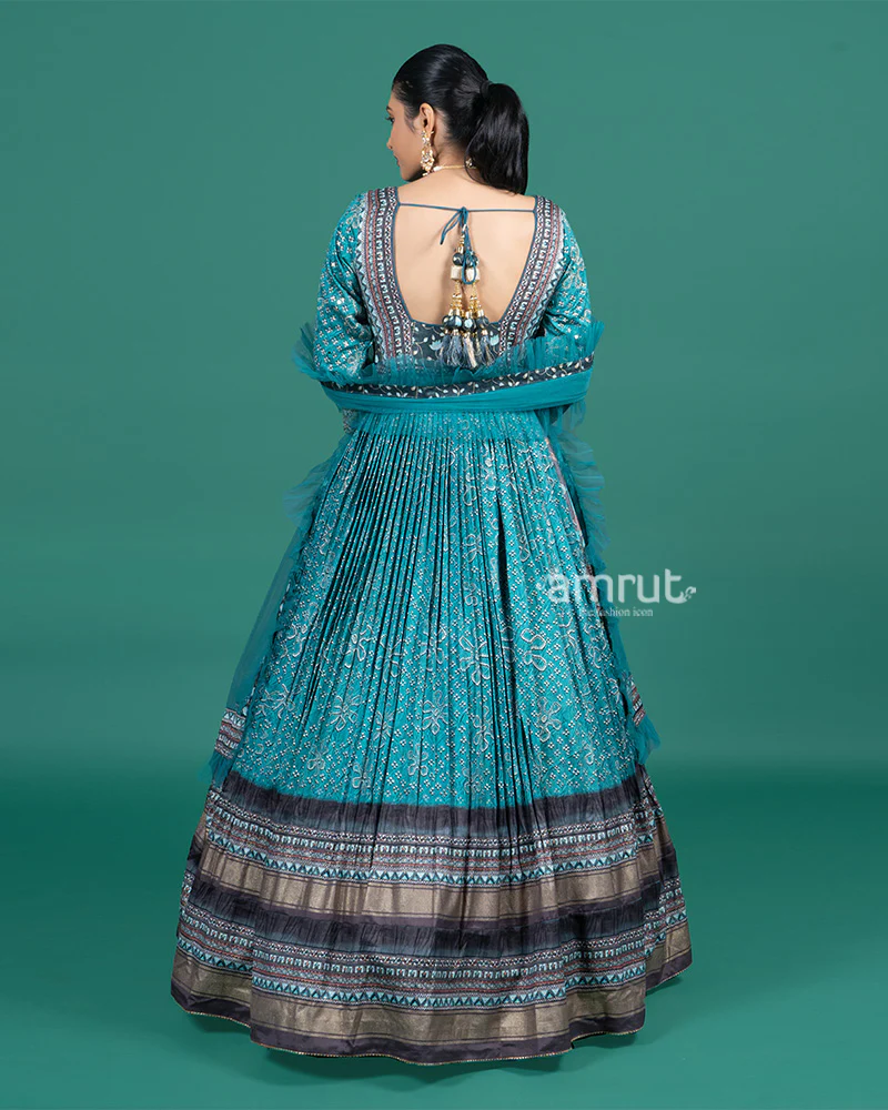Teal Blue Embroidered Festive Gown with Zari Border and Dupatta - Image 5