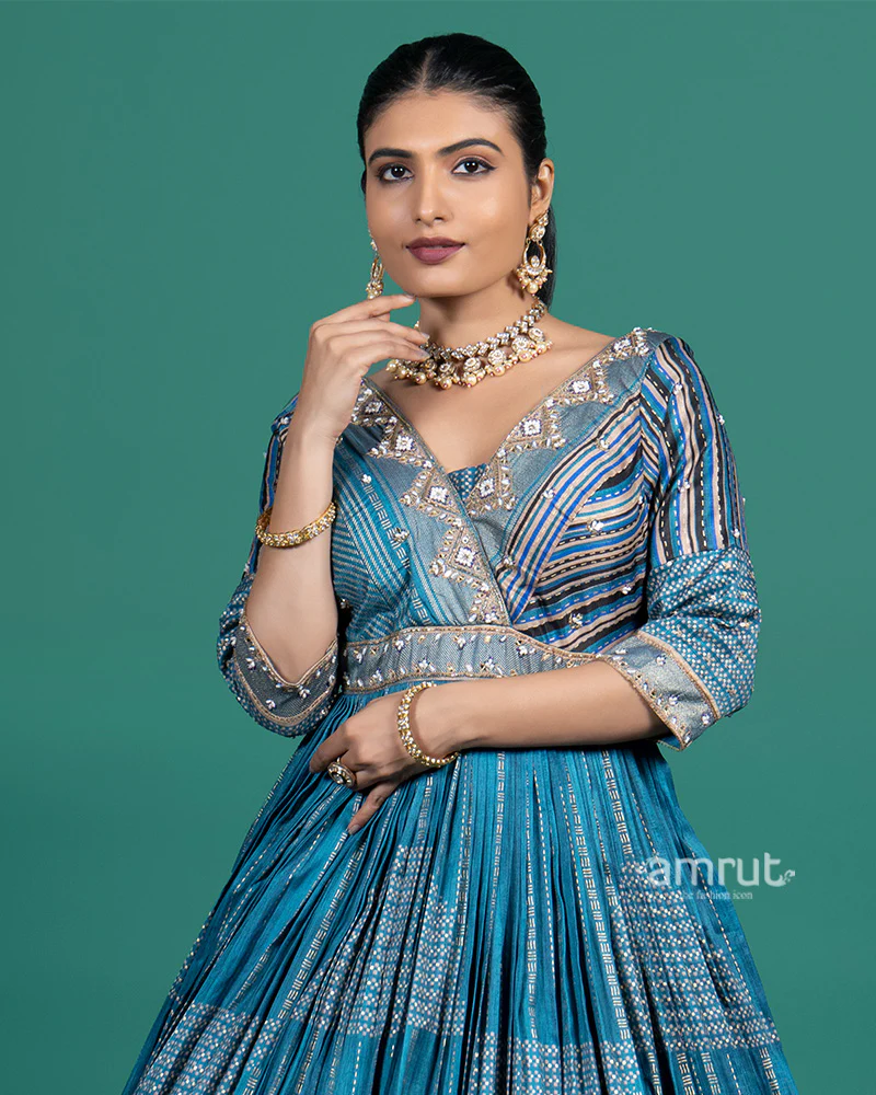Teal Blue Embroidered Gown with Dupatta - Image 2