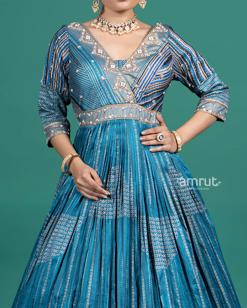 Teal Blue Embroidered Gown with Dupatta - Image 3
