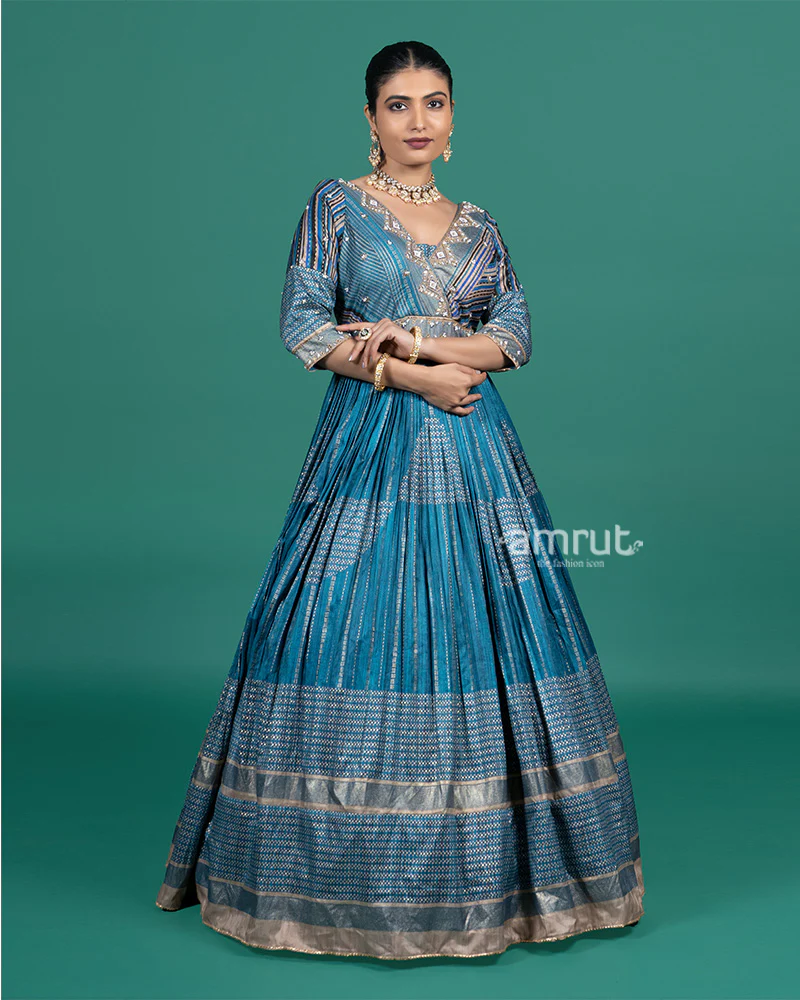 Teal Blue Embroidered Gown with Dupatta - Image 4