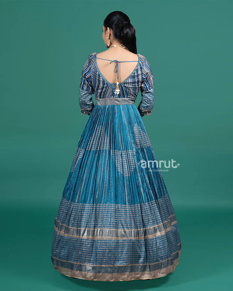 Teal Blue Embroidered Gown with Dupatta - Image 5