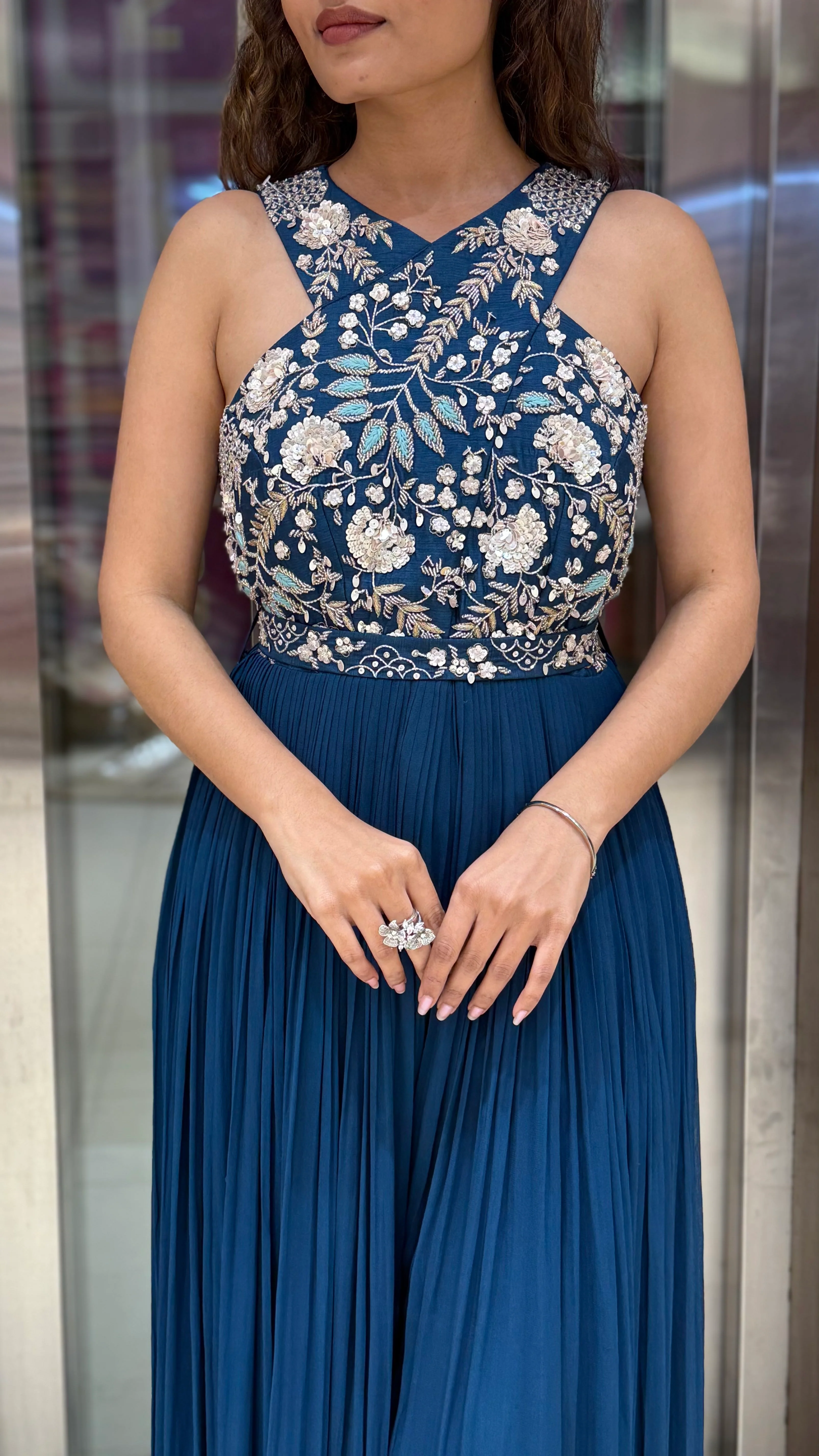 Teal Blue Embroidered Indo-Western Designer Jumpsuit - Image 2