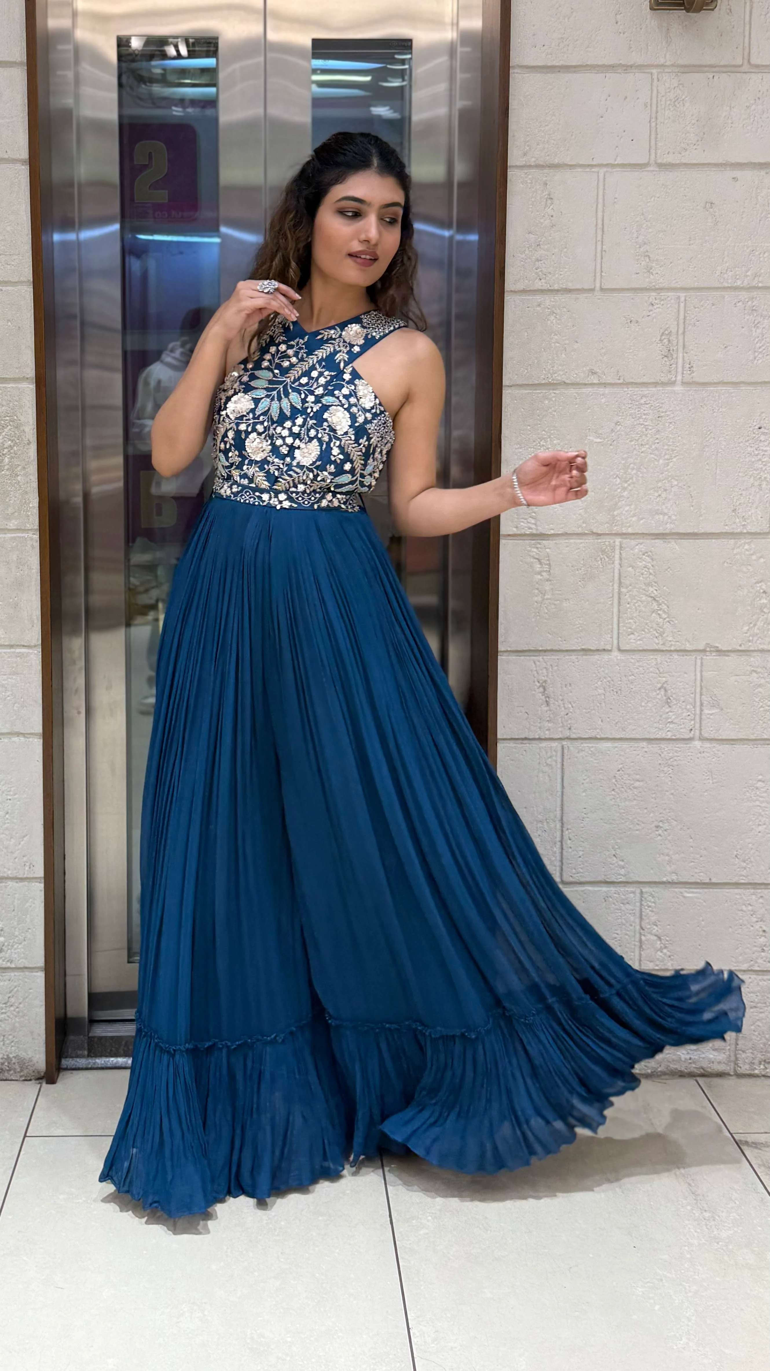 Teal Blue Embroidered Indo-Western Designer Jumpsuit - Image 3