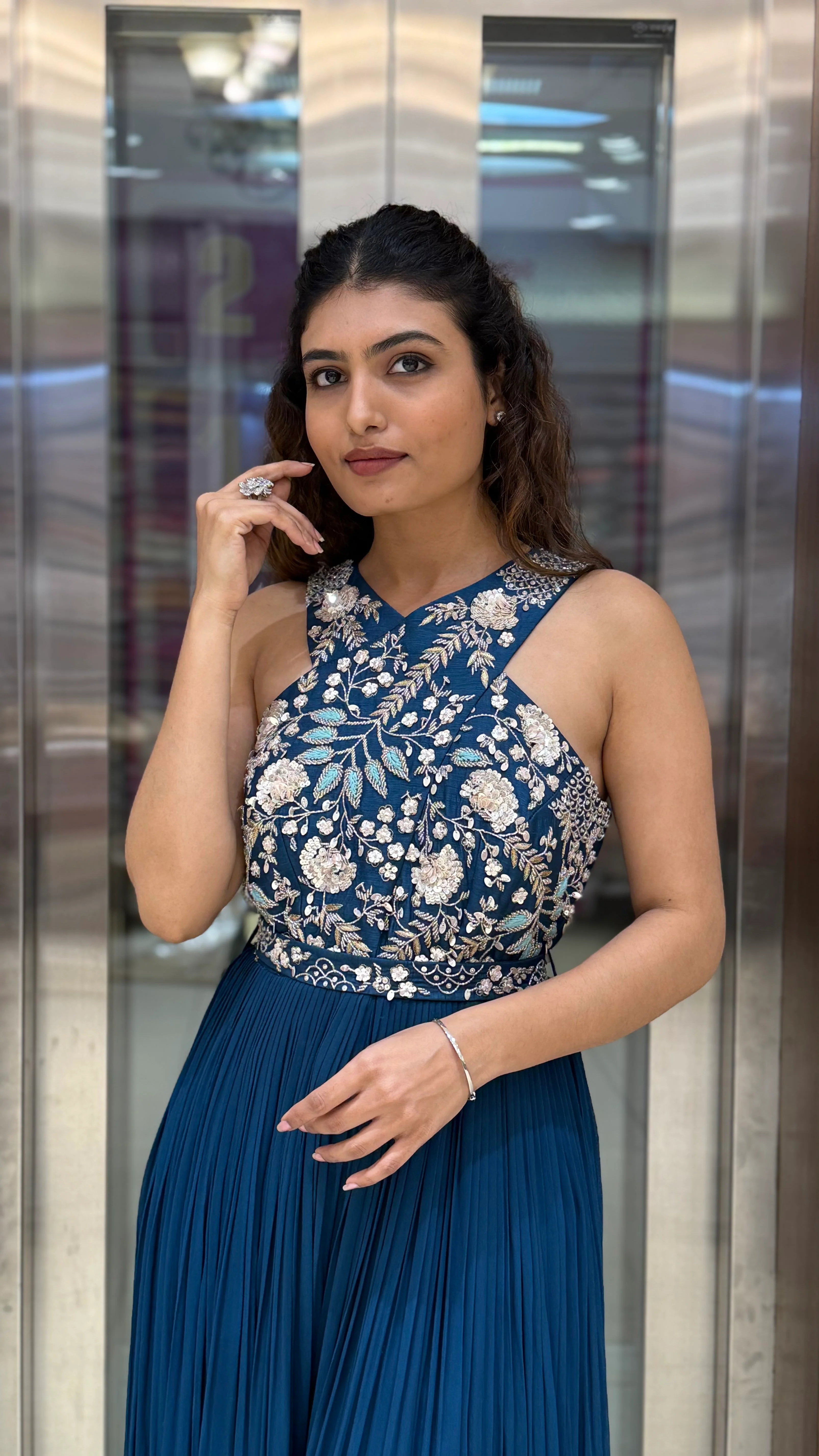 Teal Blue Embroidered Indo-Western Designer Jumpsuit - Image 4