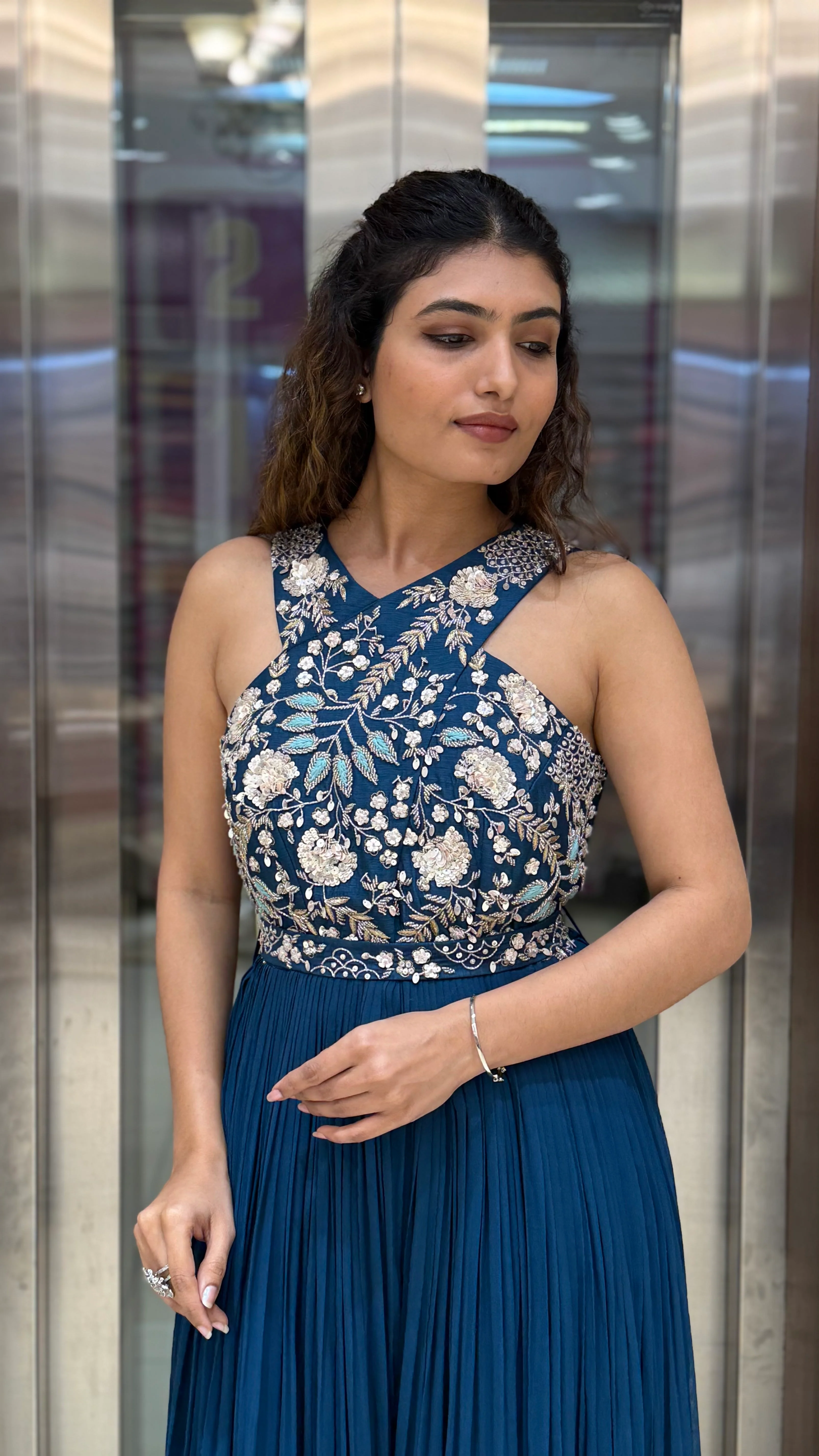Teal Blue Embroidered Indo-Western Designer Jumpsuit - Image 5