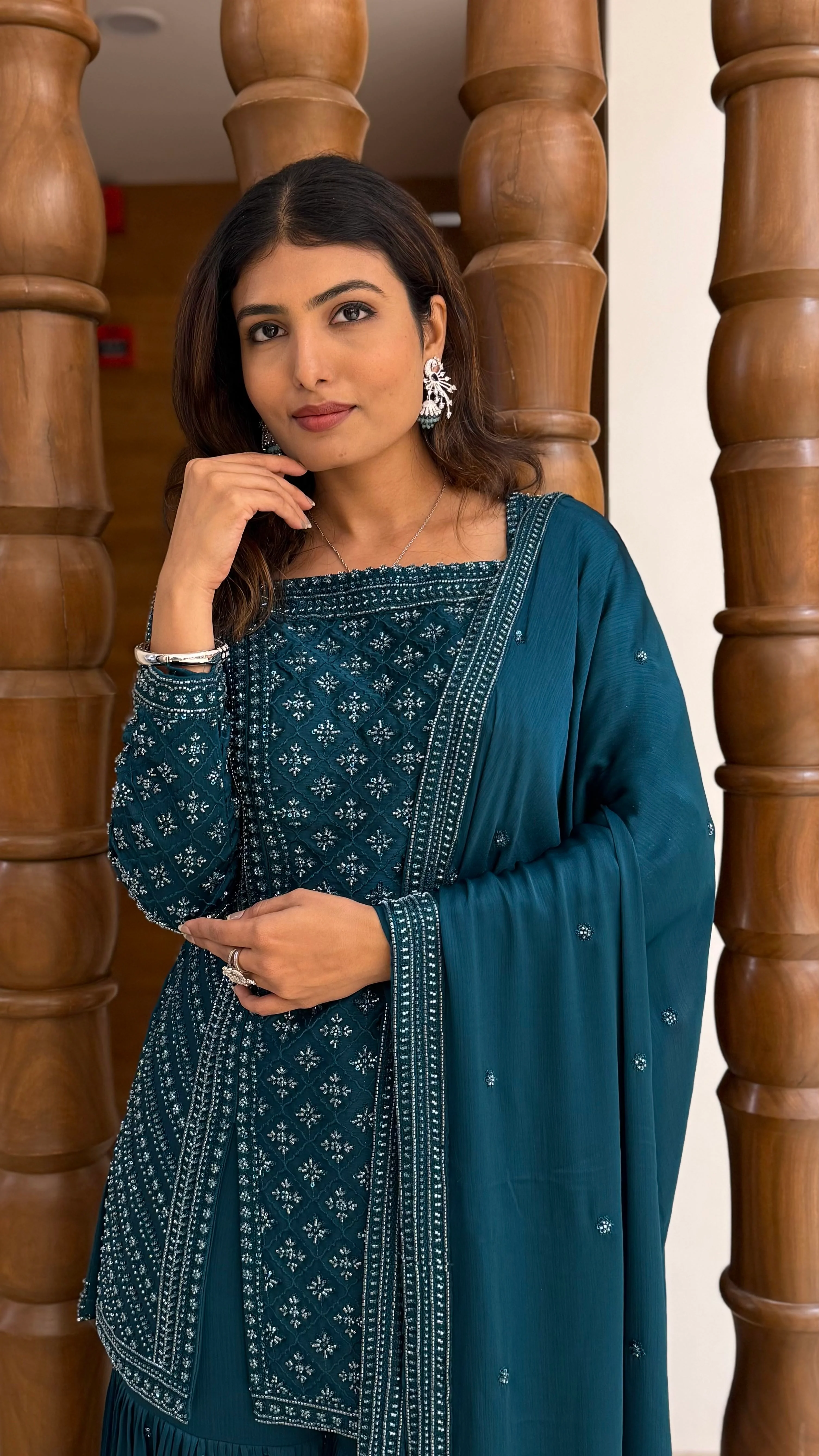 Teal Blue Embroidered Kurta Sharara Set with Dupatta – Elegant Festive Wear - Image 3