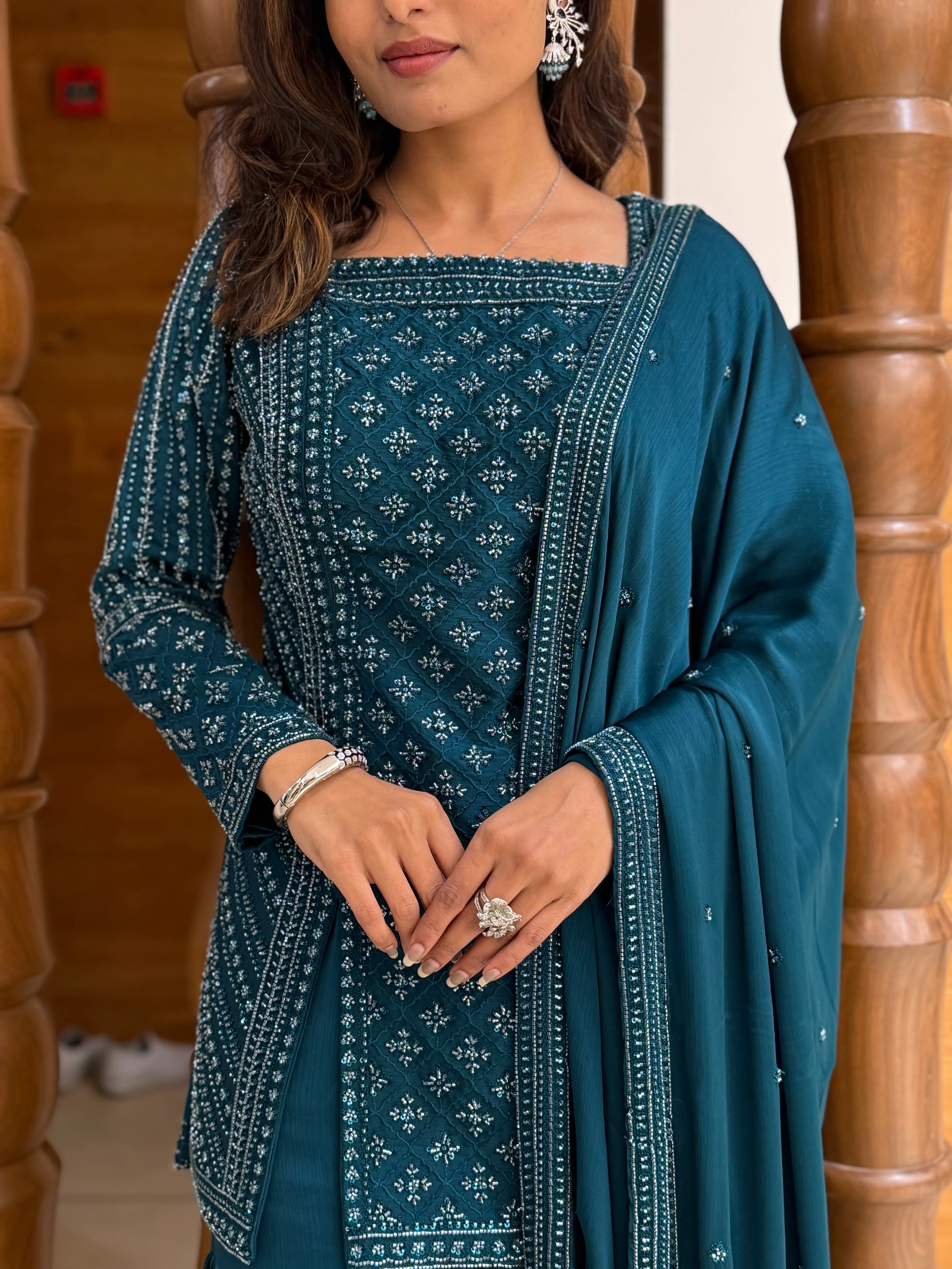 Teal Blue Embroidered Kurta Sharara Set with Dupatta – Elegant Festive Wear - Image 4
