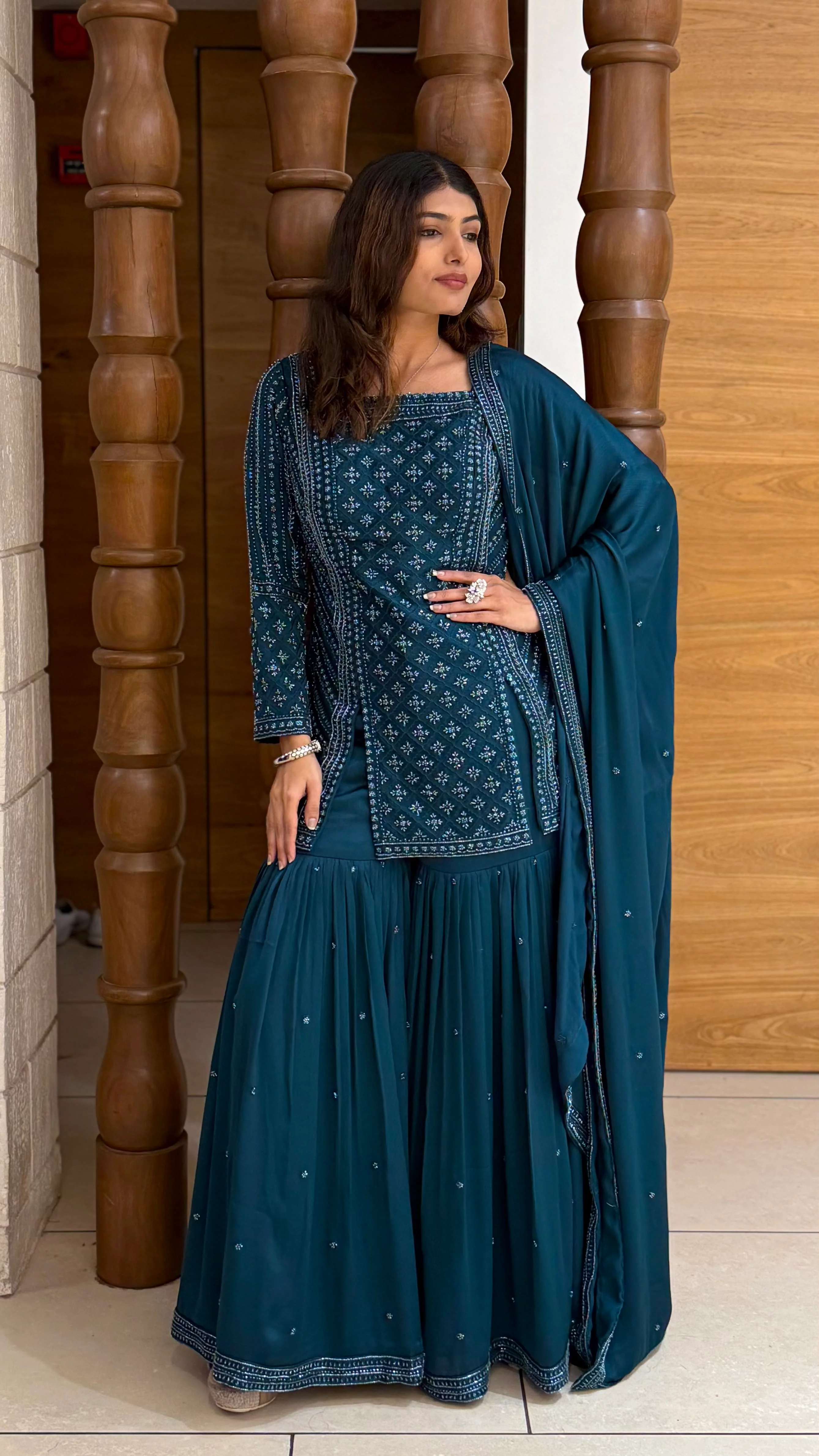 Teal Blue Embroidered Kurta Sharara Set with Dupatta – Elegant Festive Wear - Image 5
