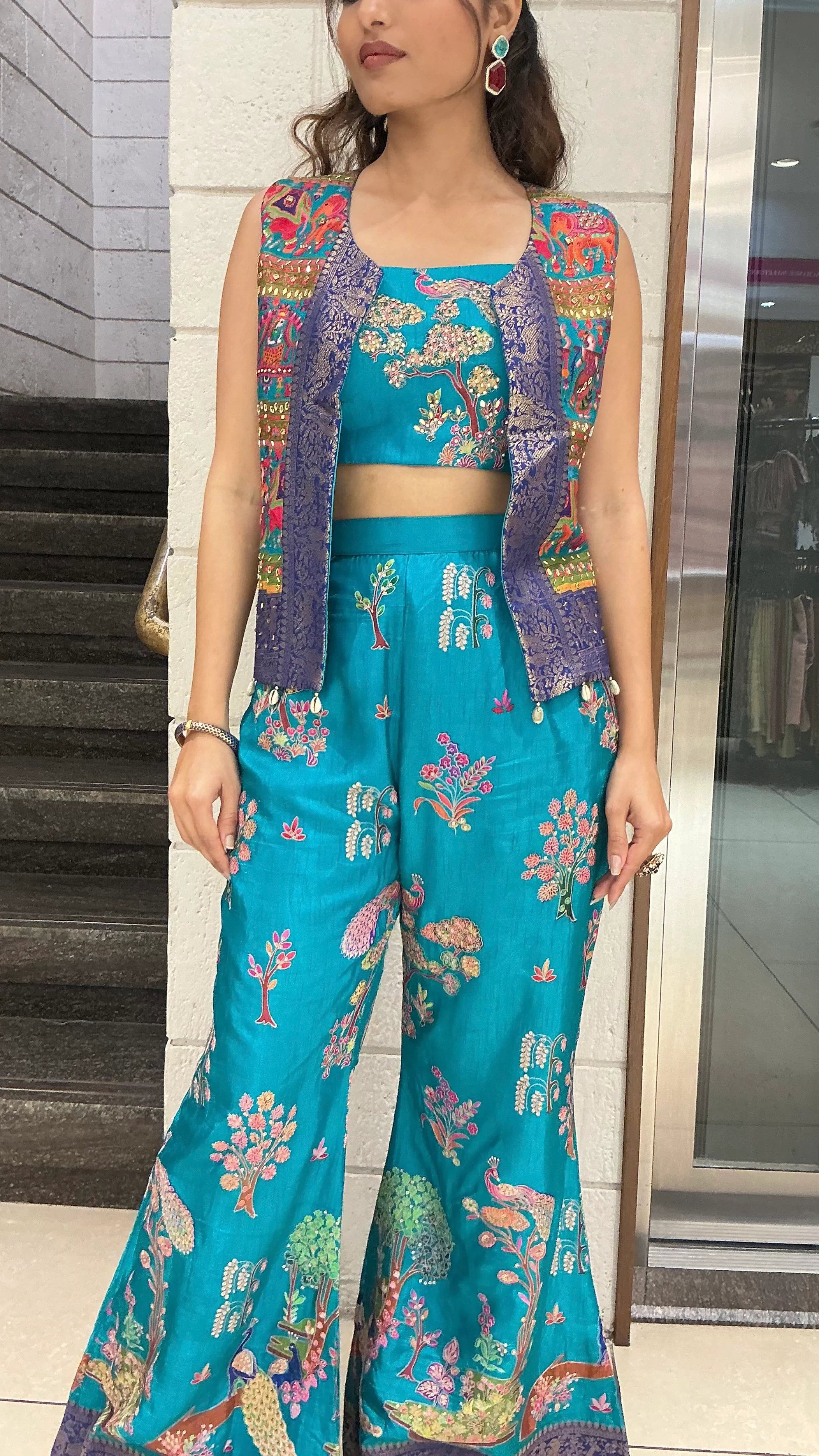 Teal Blue Floral Embroidered Designer Palazzo Set with Crop Top & Ethnic Jacket - Image 2