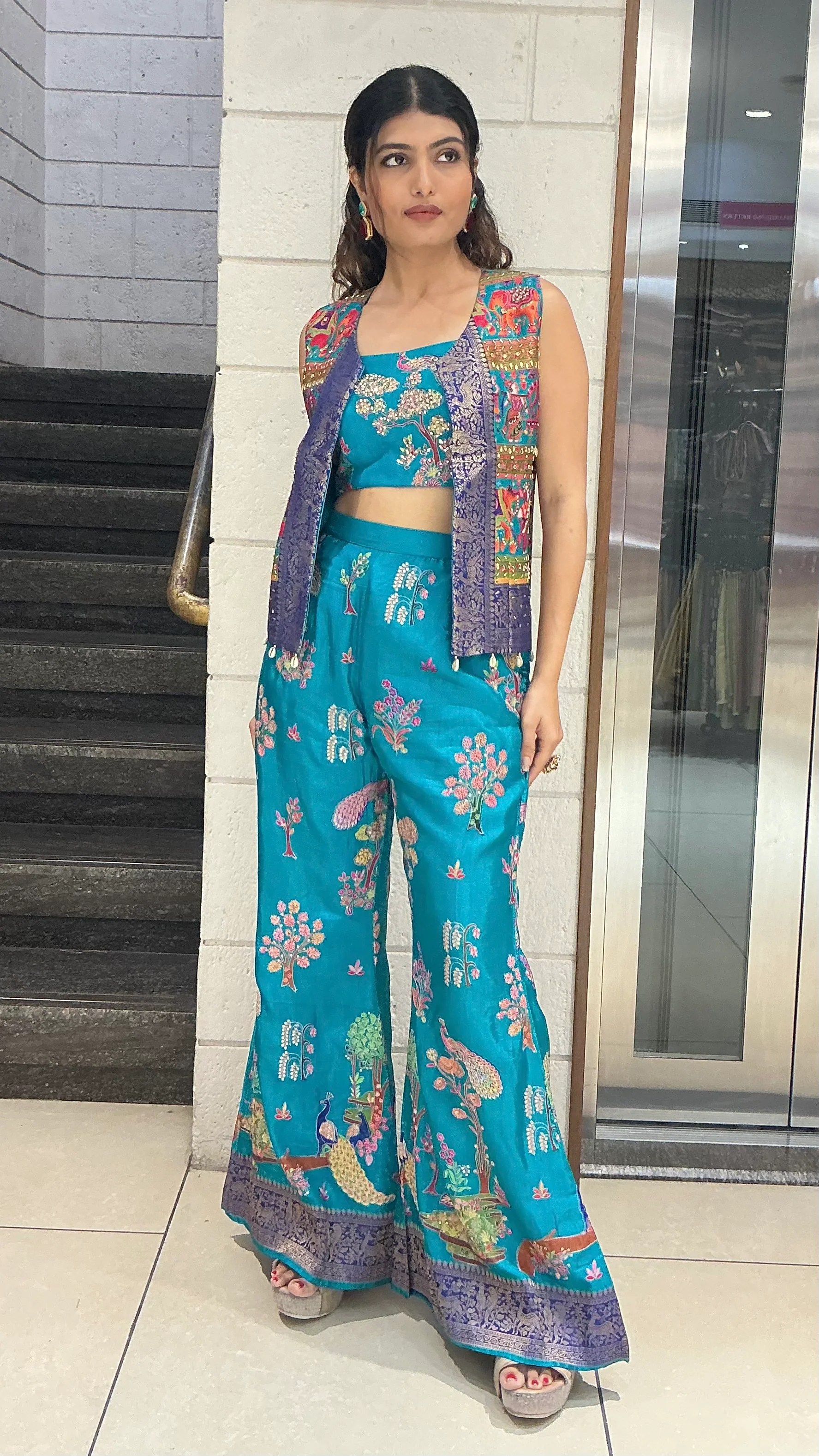Teal Blue Floral Embroidered Designer Palazzo Set with Crop Top & Ethnic Jacket - Image 3