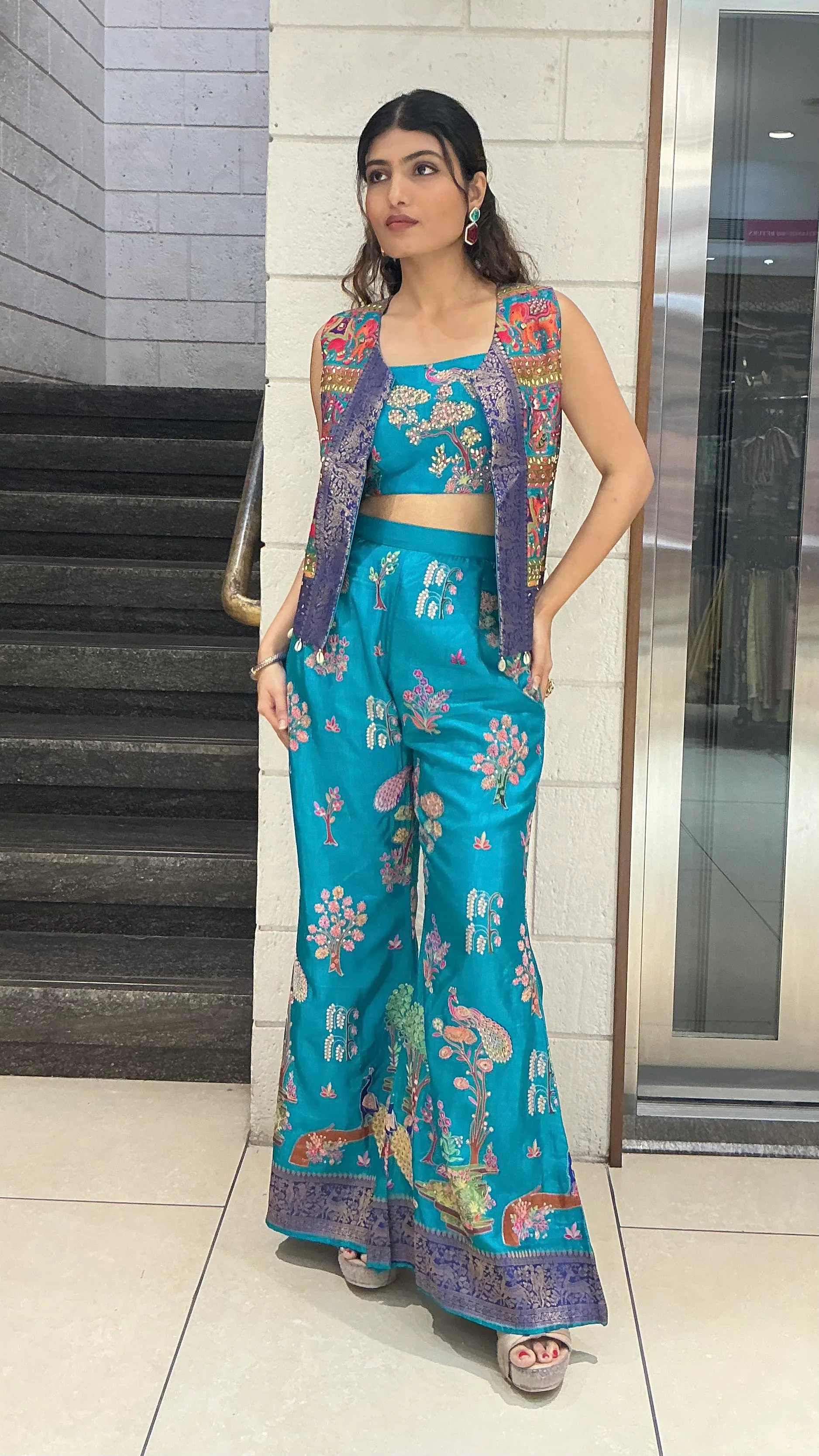 Teal Blue Floral Embroidered Designer Palazzo Set with Crop Top & Ethnic Jacket - Image 4
