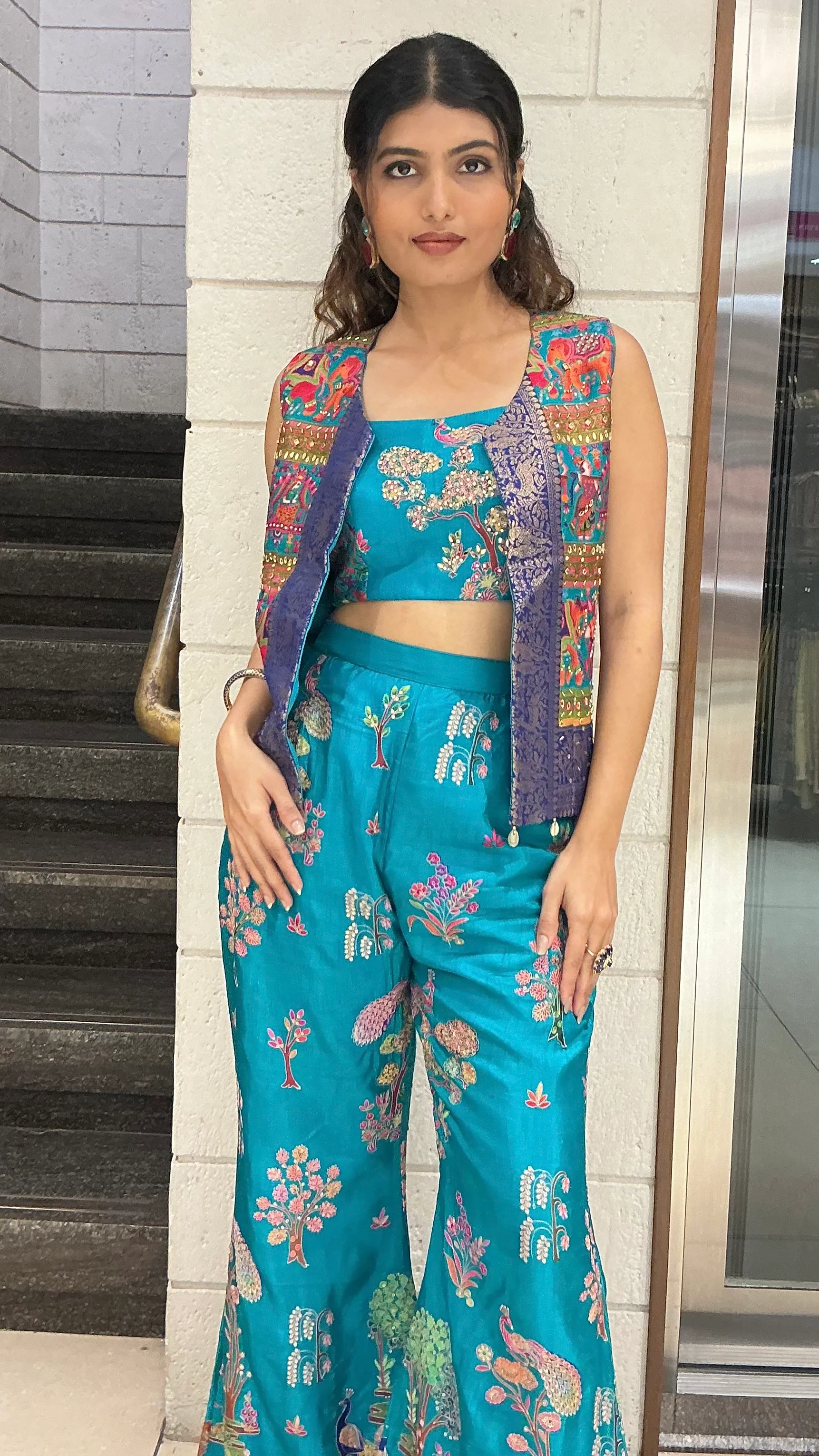 Teal Blue Floral Embroidered Designer Palazzo Set with Crop Top & Ethnic Jacket - Image 5