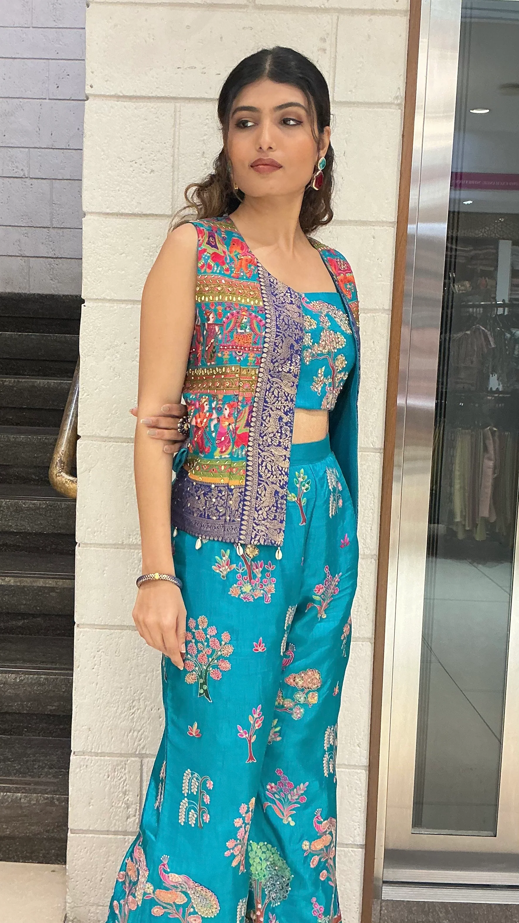 Teal Blue Floral Embroidered Designer Palazzo Set with Crop Top & Ethnic Jacket - Image 6