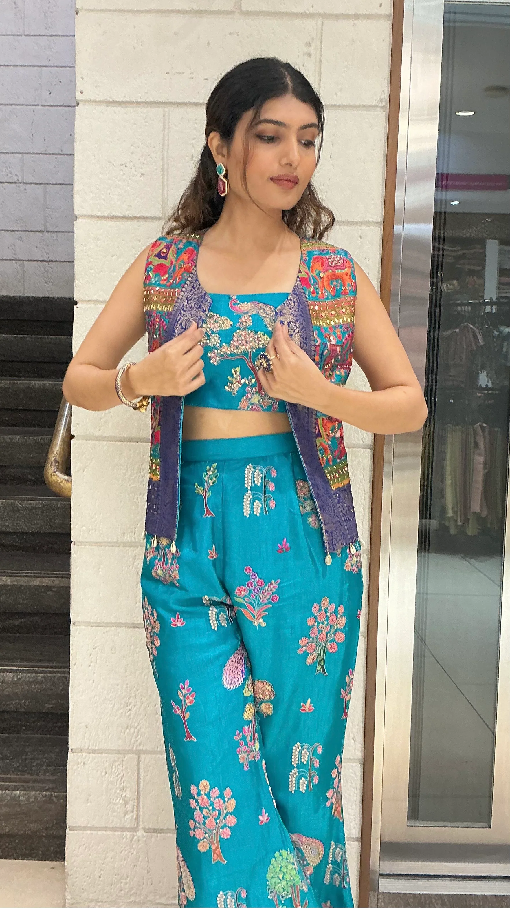 Teal Blue Floral Embroidered Designer Palazzo Set with Crop Top & Ethnic Jacket - Image 7
