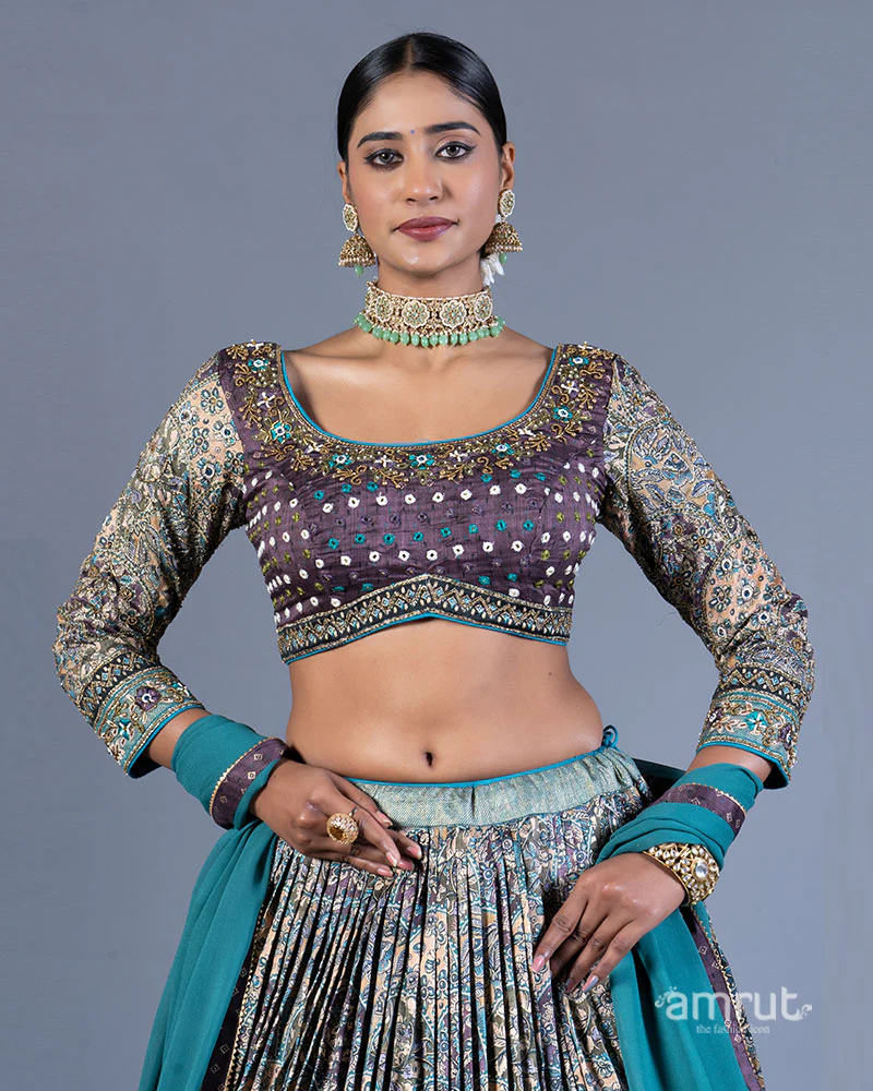 Teal Blue Floral Print Lehenga Purple Choli with Dupatta - Image 2