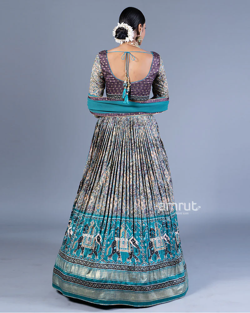 Teal Blue Floral Print Lehenga Purple Choli with Dupatta - Image 3
