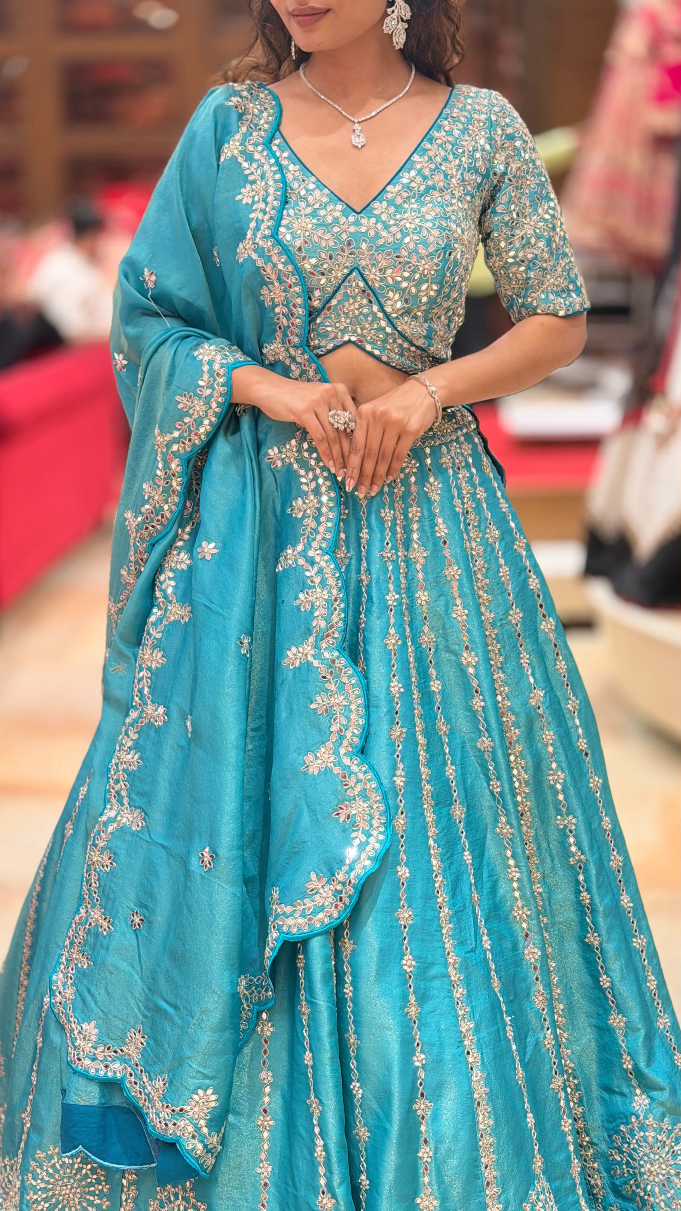Teal Blue Heavy Embroidered Designer Lehenga Choli with Scalloped Dupatta - Image 2