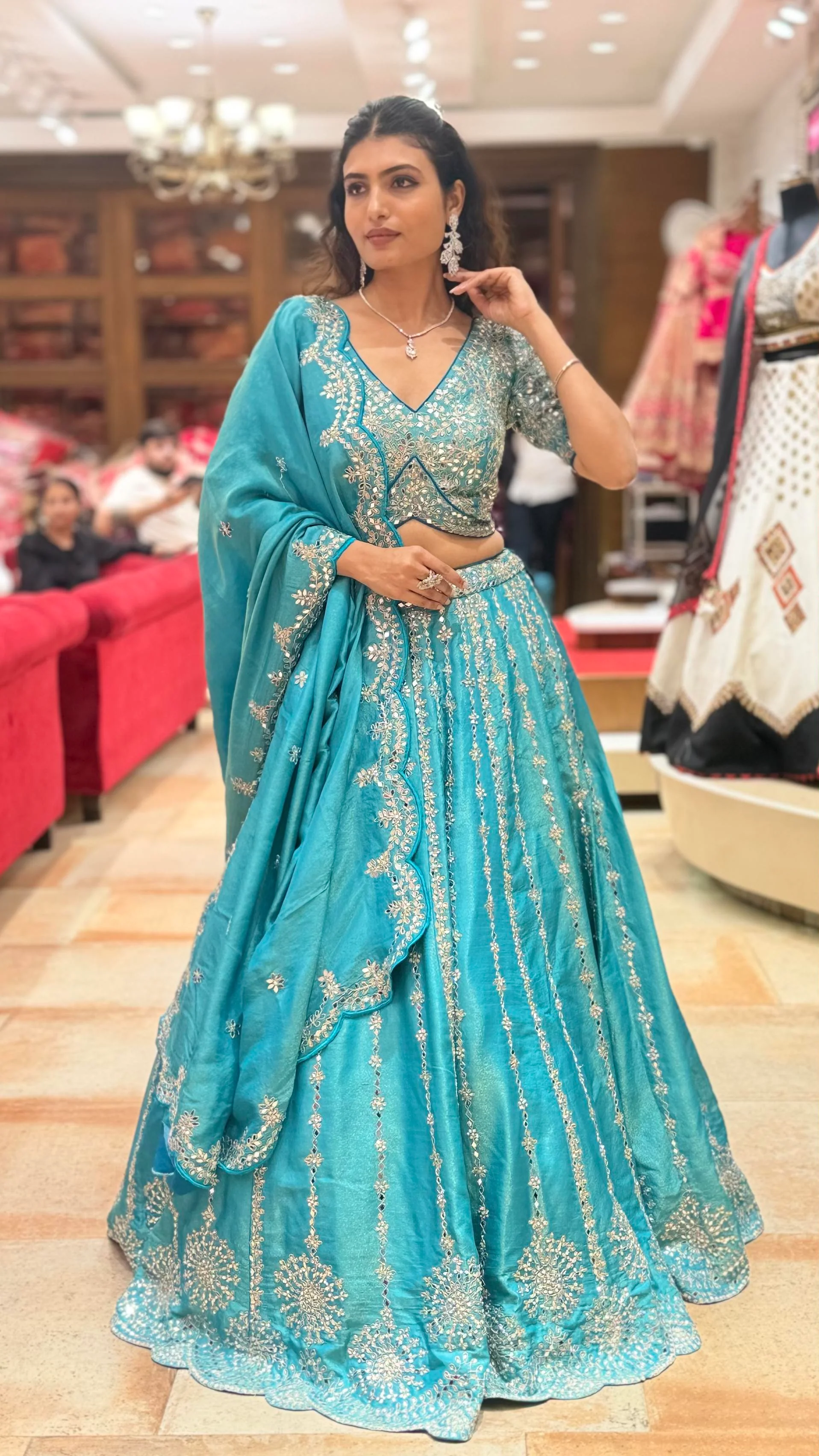 Teal Blue Heavy Embroidered Designer Lehenga Choli with Scalloped Dupatta - Image 3