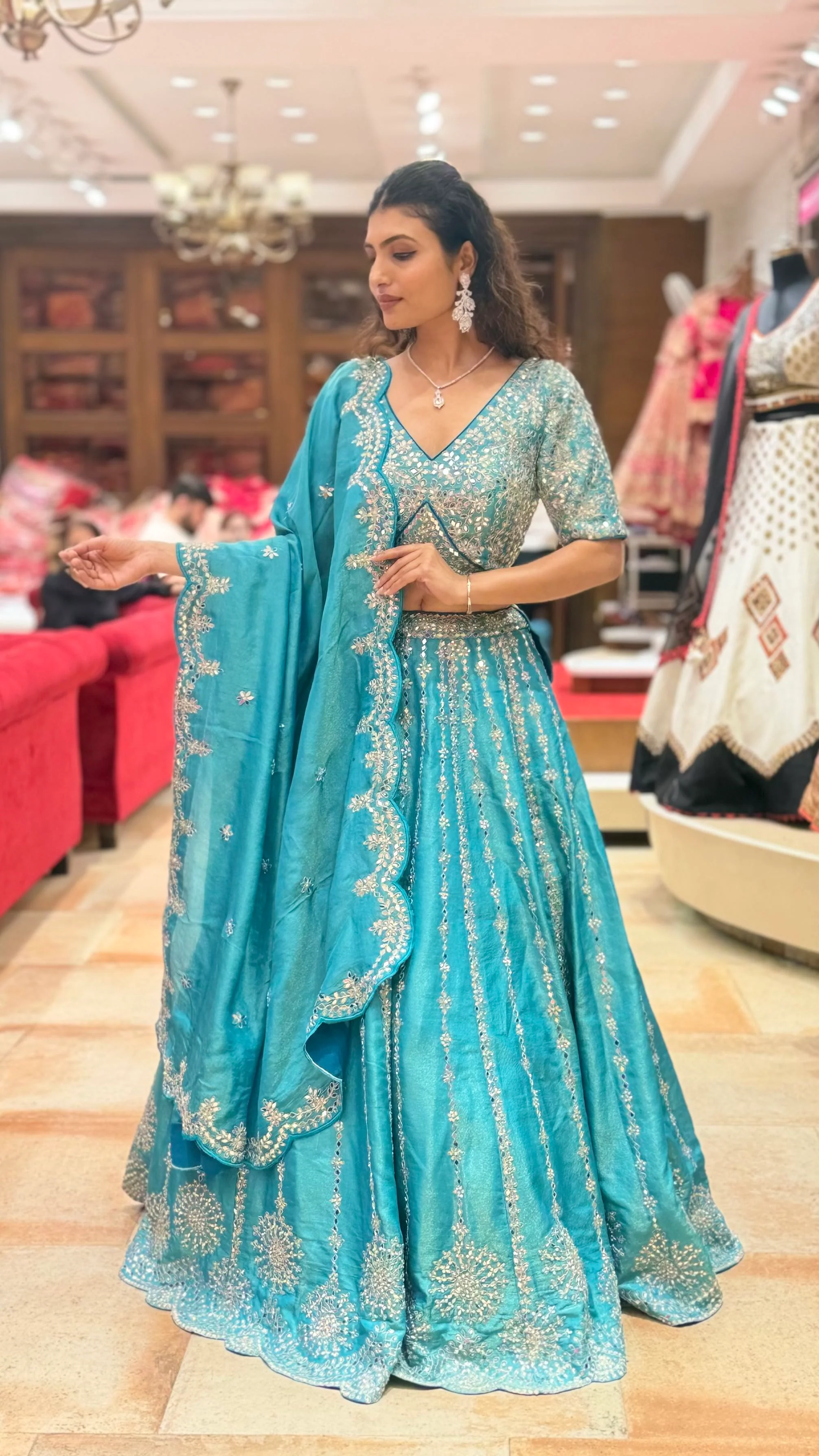 Teal Blue Heavy Embroidered Designer Lehenga Choli with Scalloped Dupatta - Image 4