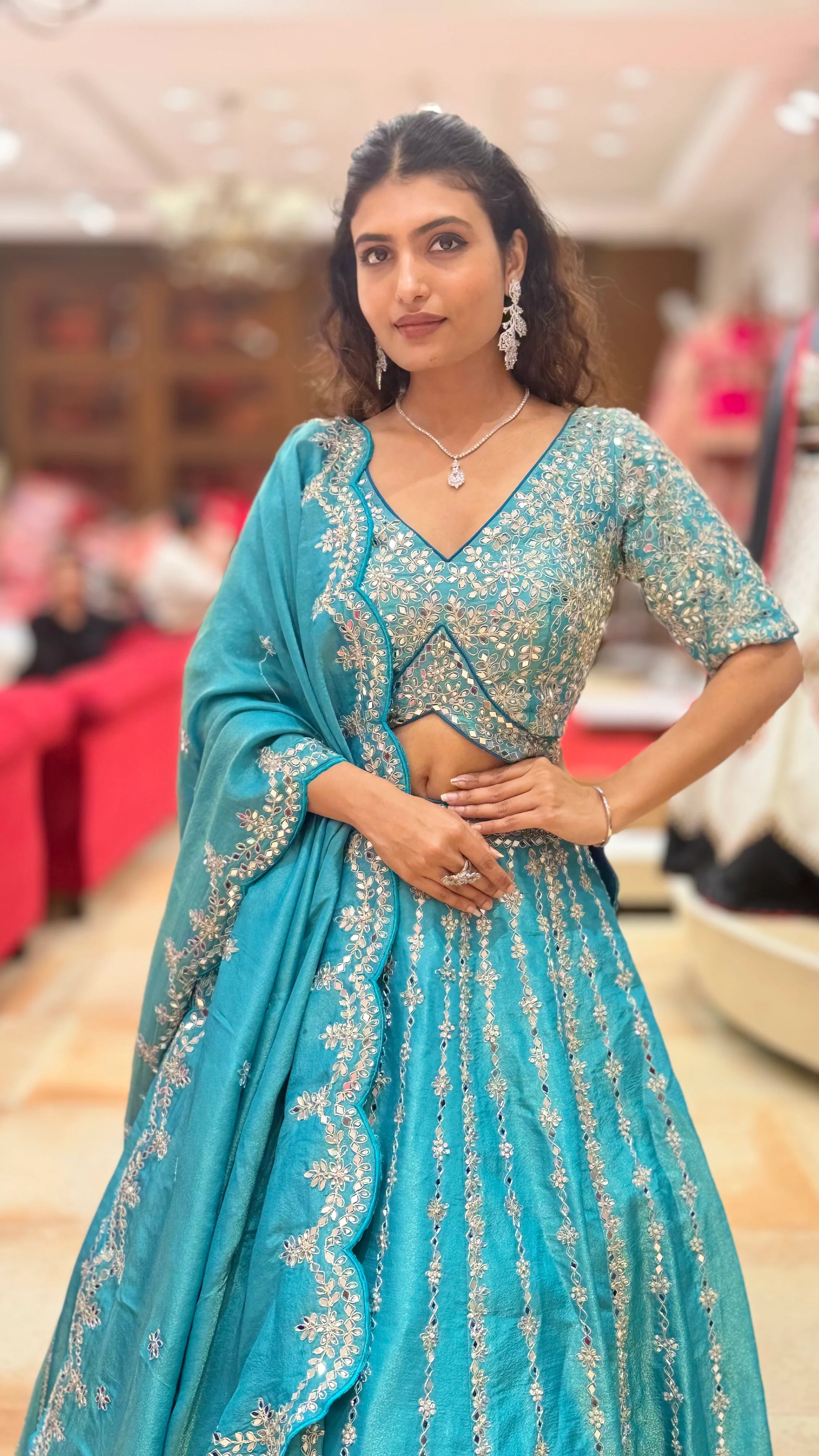 Teal Blue Heavy Embroidered Designer Lehenga Choli with Scalloped Dupatta - Image 5