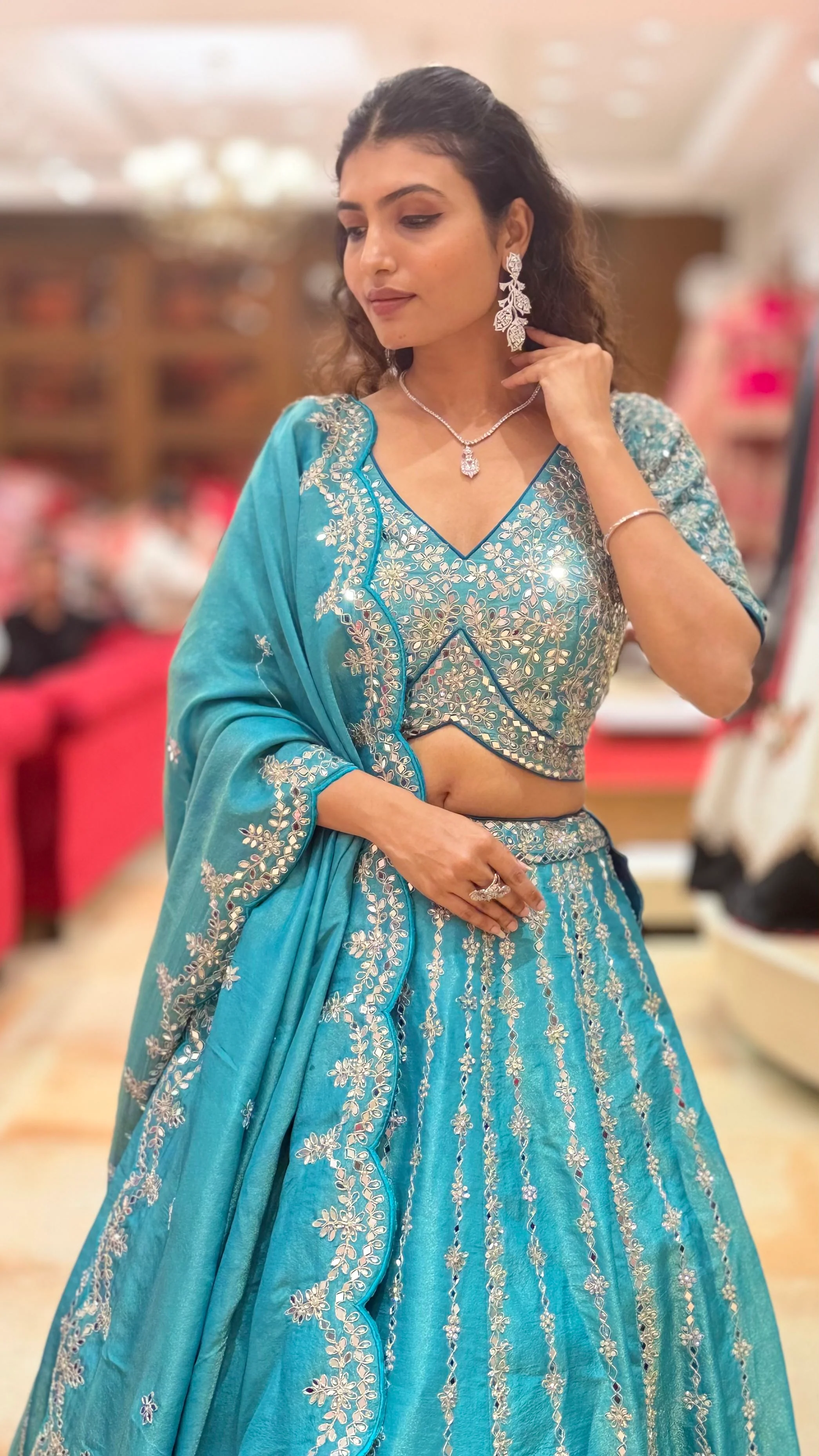 Teal Blue Heavy Embroidered Designer Lehenga Choli with Scalloped Dupatta - Image 6