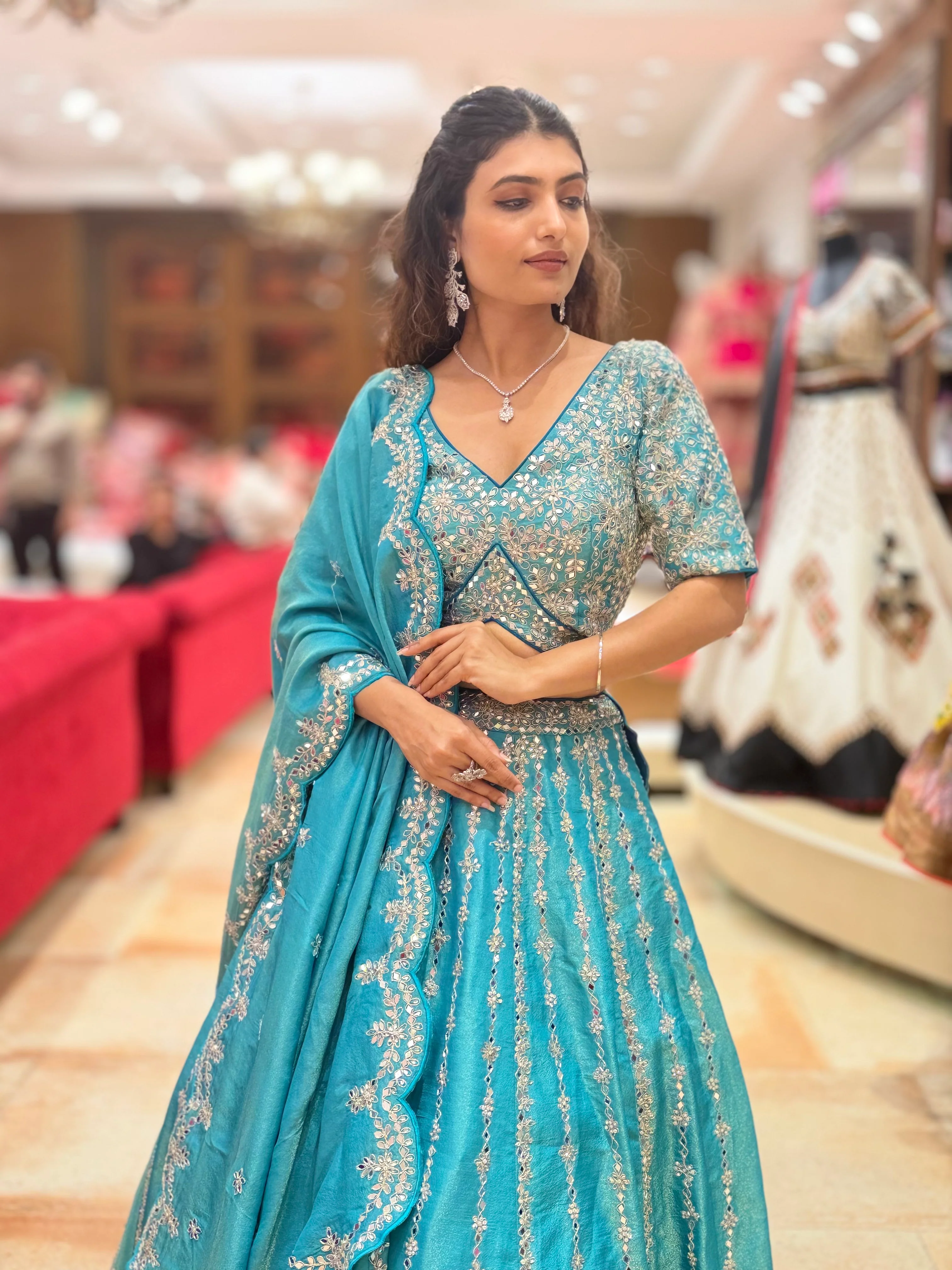Teal Blue Heavy Embroidered Designer Lehenga Choli with Scalloped Dupatta - Image 7