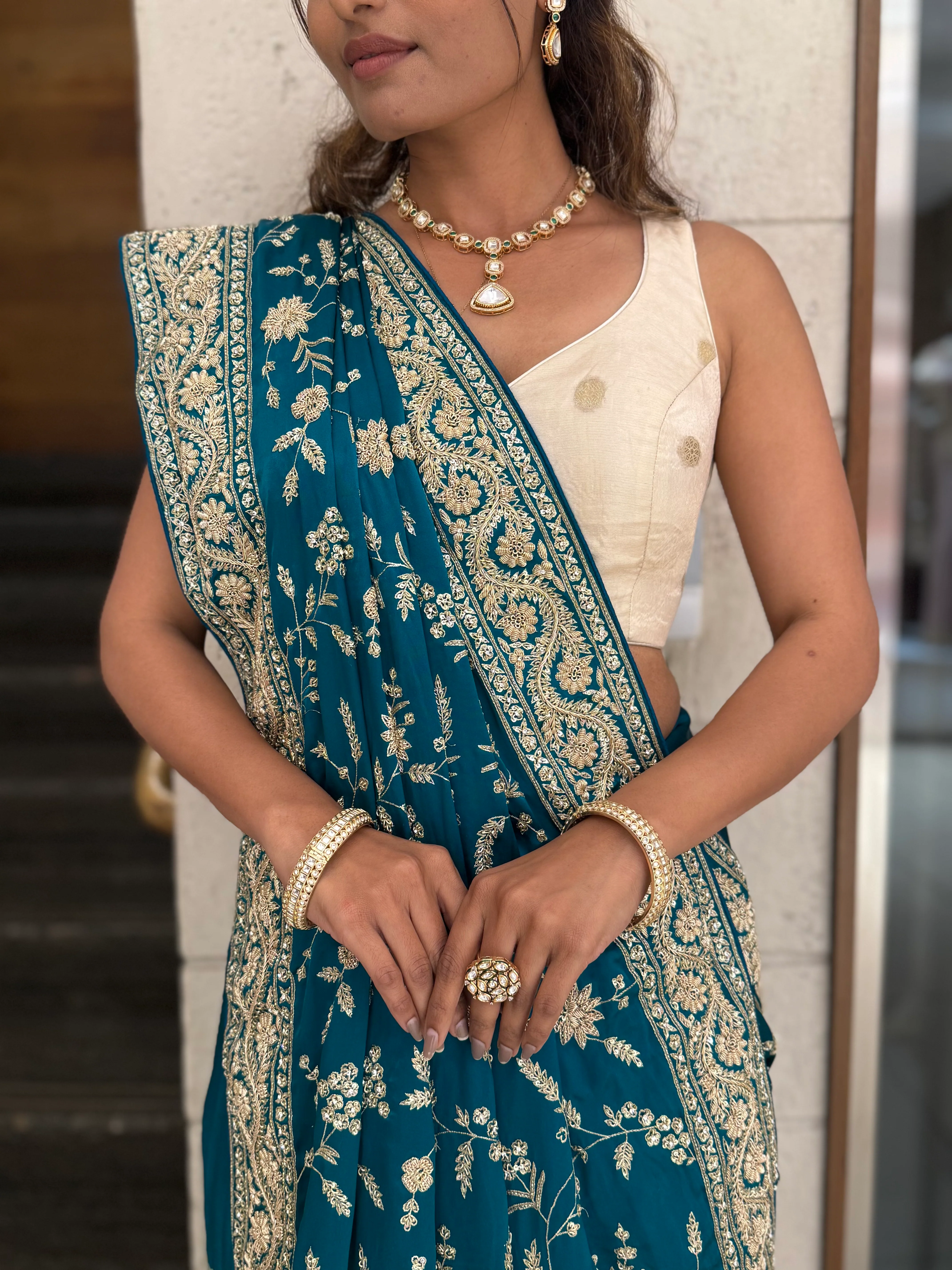 Teal Blue Heavy Embroidered Designer Saree with Gold Zari Work & Contrast Blouse - Image 2